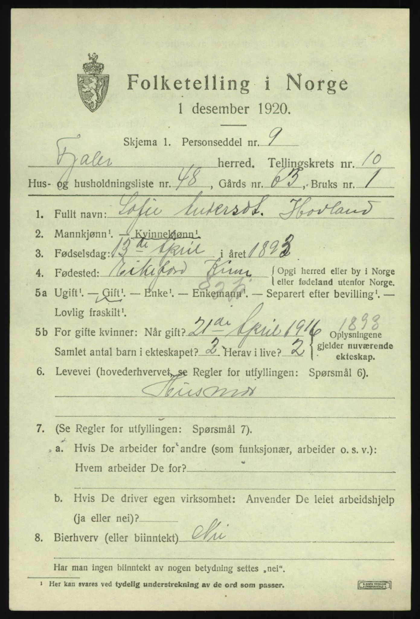 SAB, 1920 census for Fjaler, 1920, p. 5501