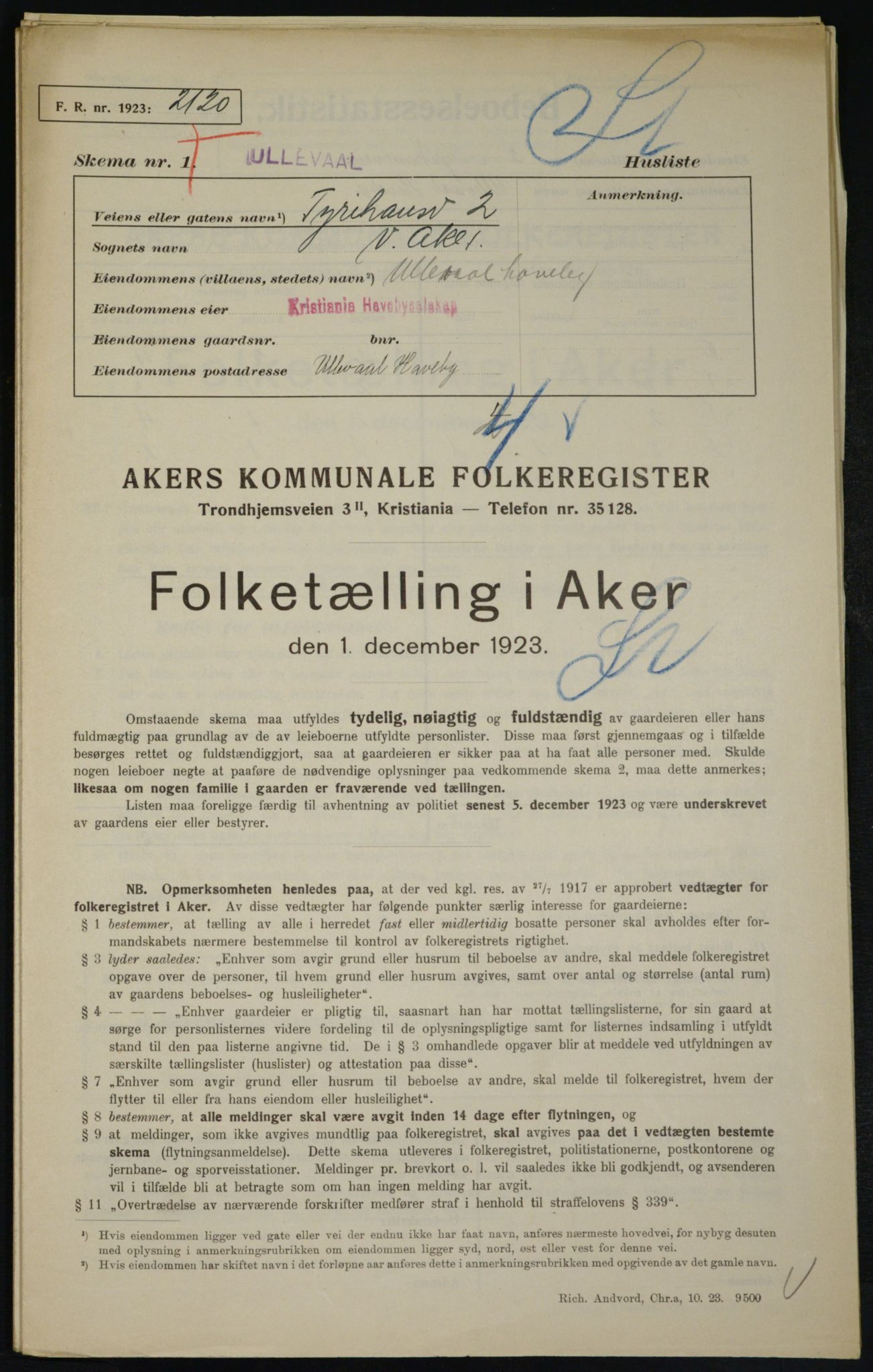 , Municipal Census 1923 for Aker, 1923, p. 21679