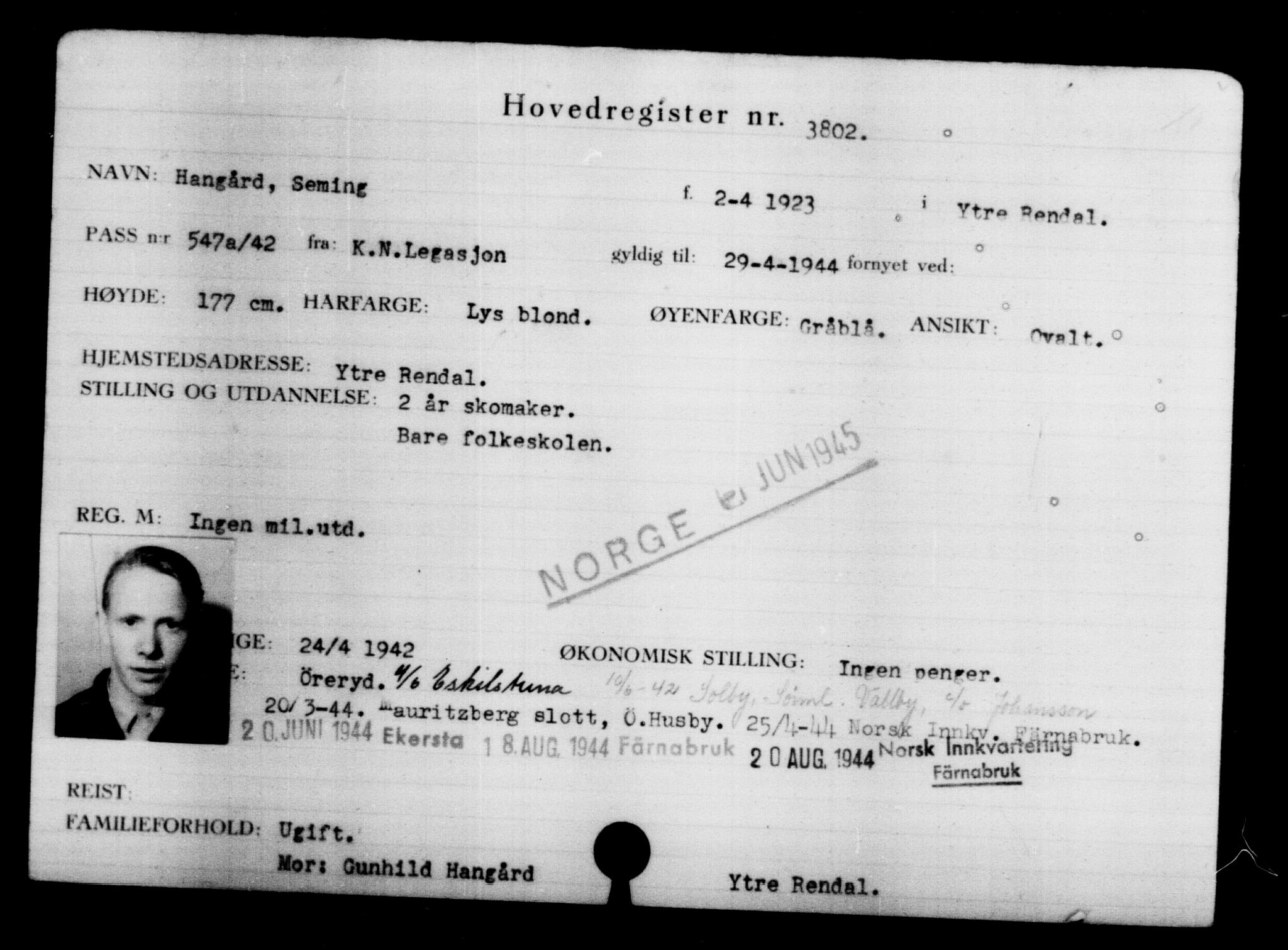 Utenriksstasjonene, Legasjonen i Stockholm, Flyktningkontoret, AV/RA-S-6753/V/Va/L0004: Kjesäterkartoteket, flyktninger med registreringsnr. 3496-6610, 1940-1945, p. 358