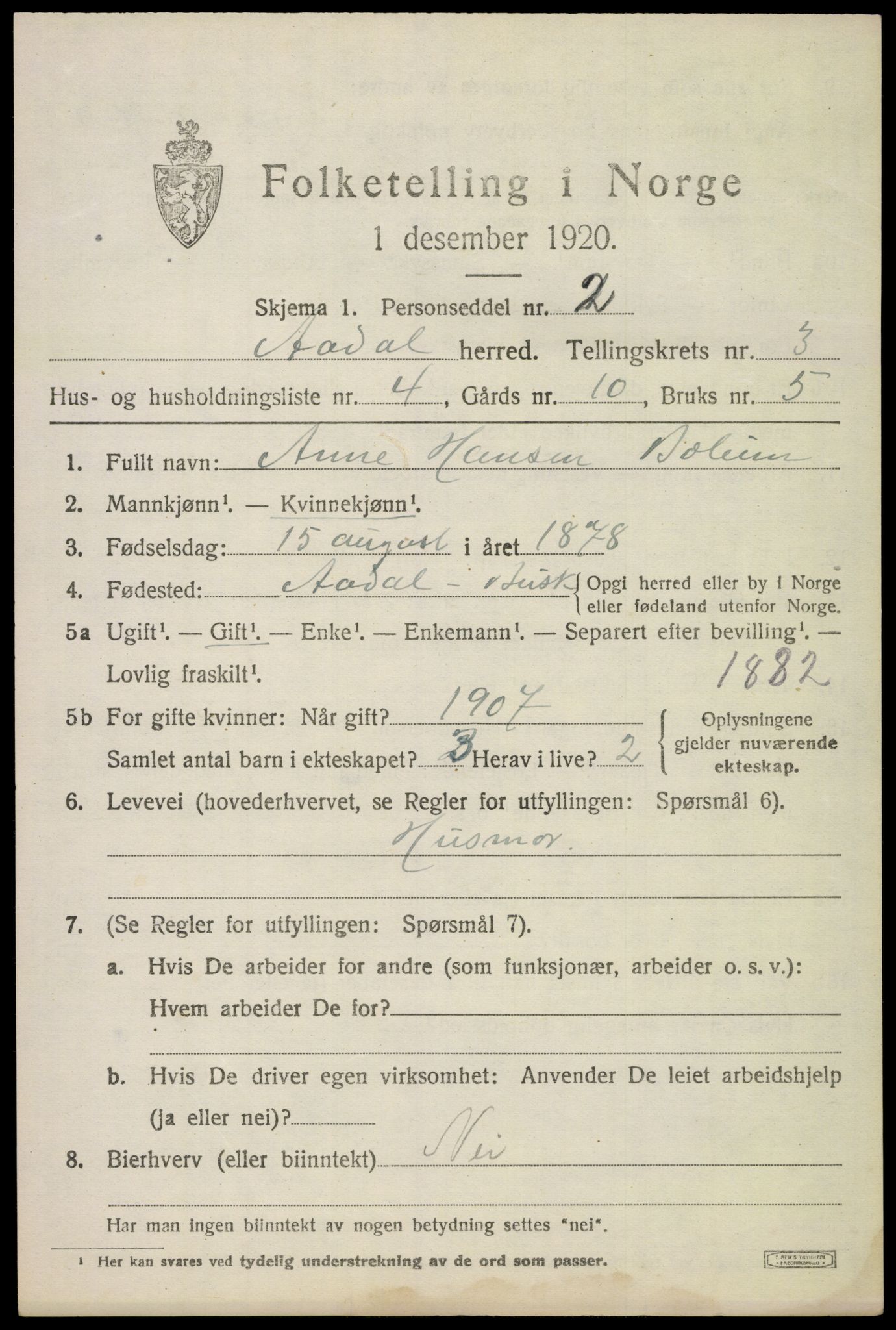 SAKO, 1920 census for Ådal, 1920, p. 2998