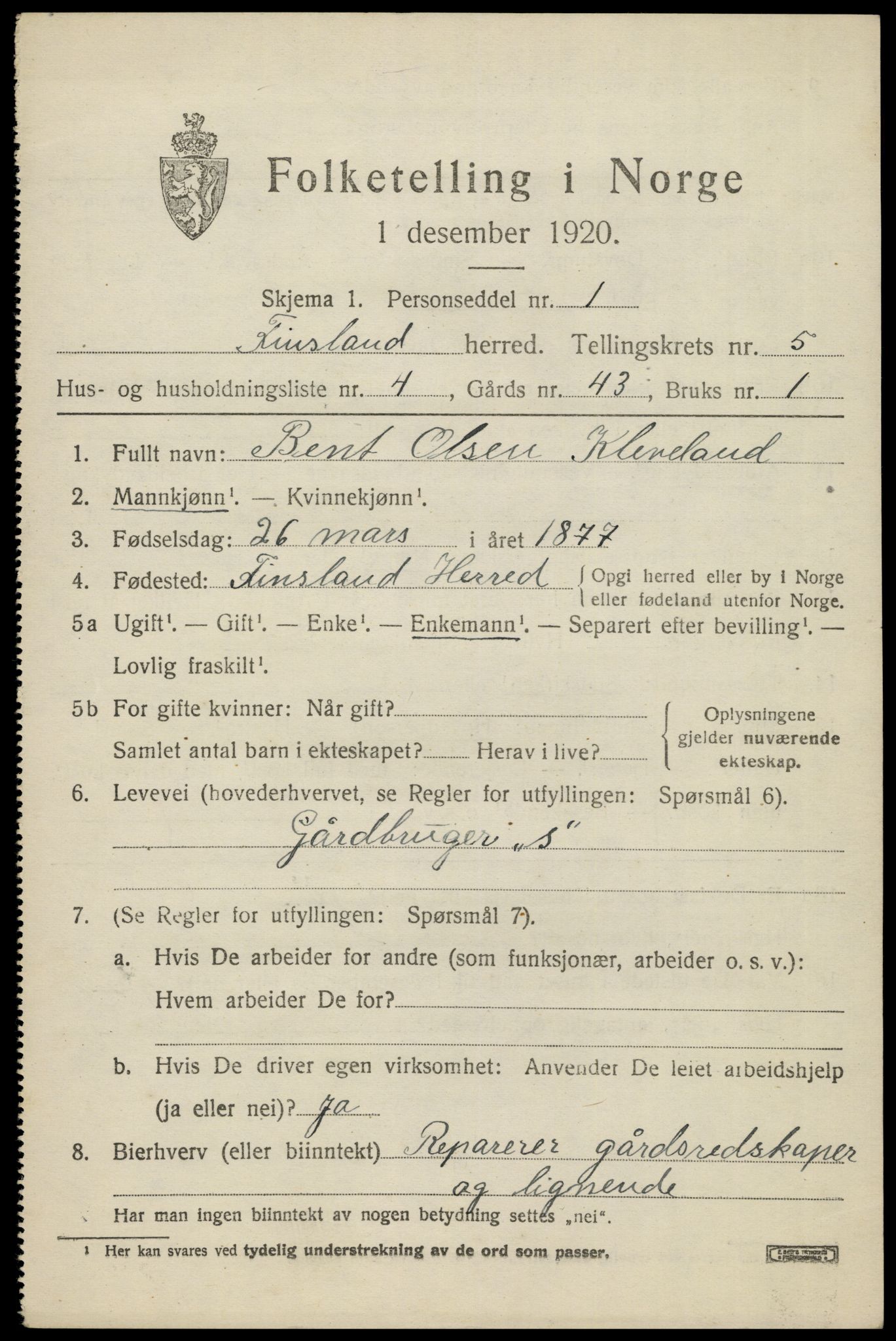 SAK, 1920 census for Finsland, 1920, p. 1850