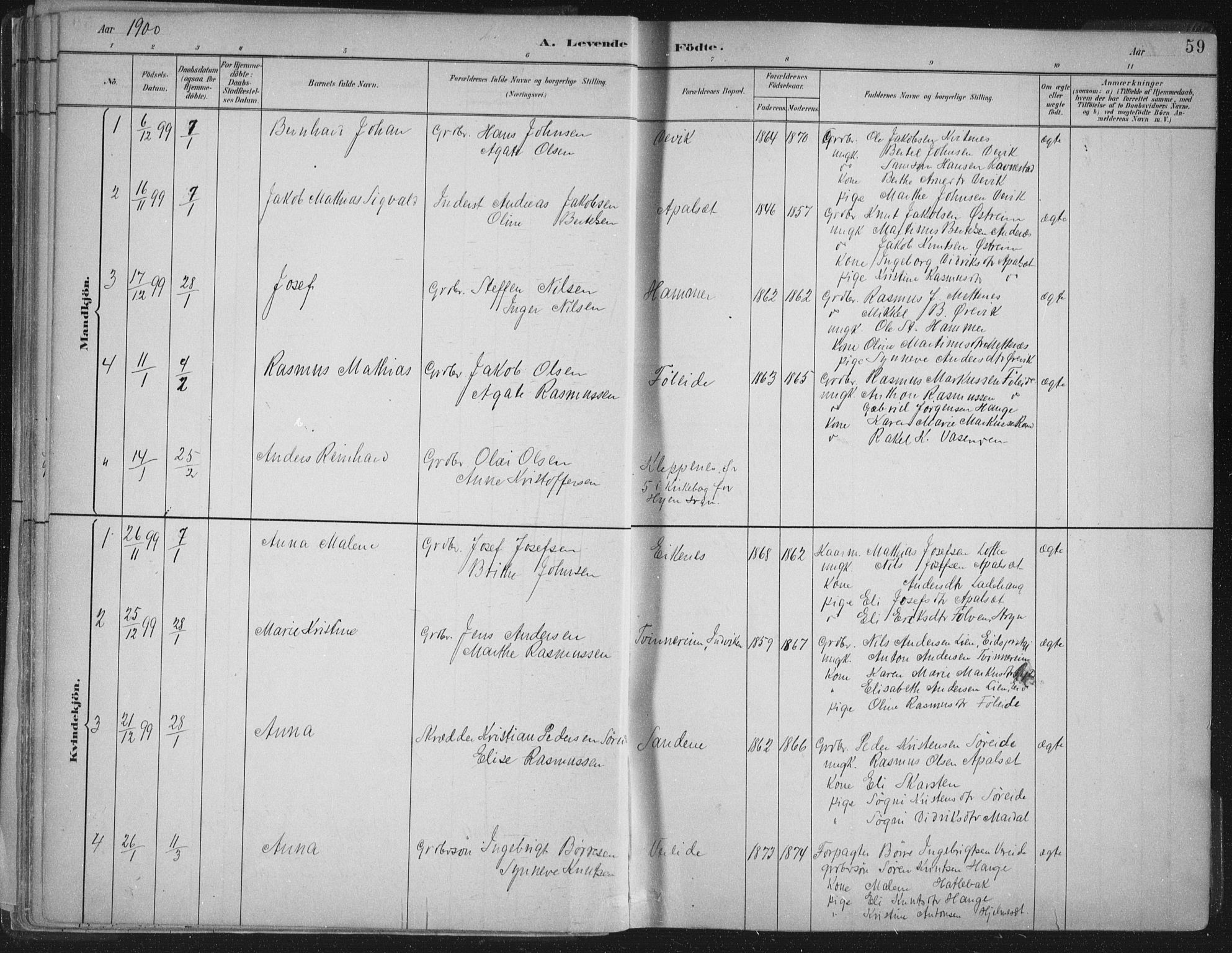 Gloppen sokneprestembete, AV/SAB-A-80101/H/Haa/Haab/L0001: Parish register (official) no. B  1, 1885-1905, p. 59