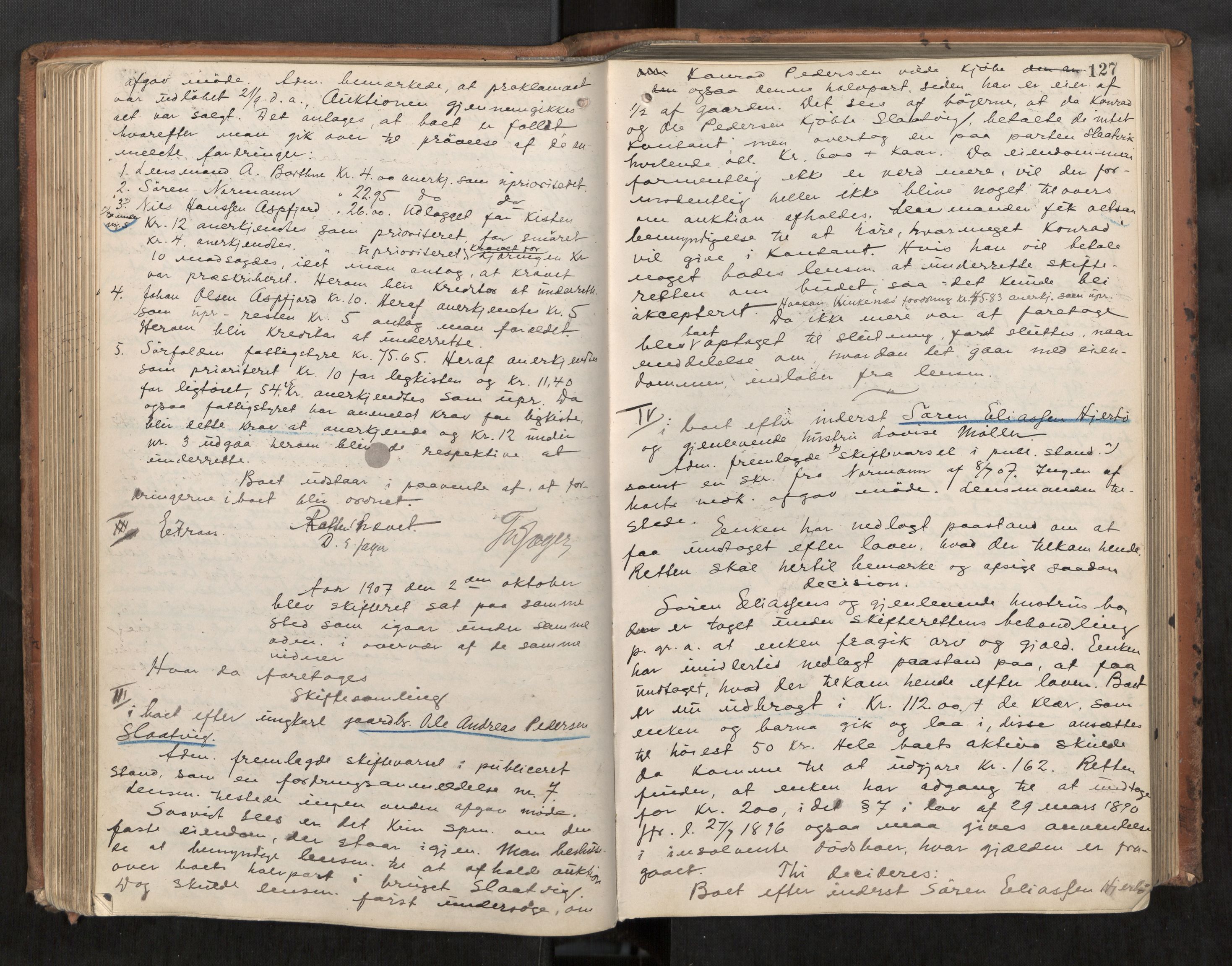 Salten sorenskriveri, AV/SAT-A-4578/1/3/3B/L0011: Skiftebehandlingsprotokoll, 1906-1910, p. 127