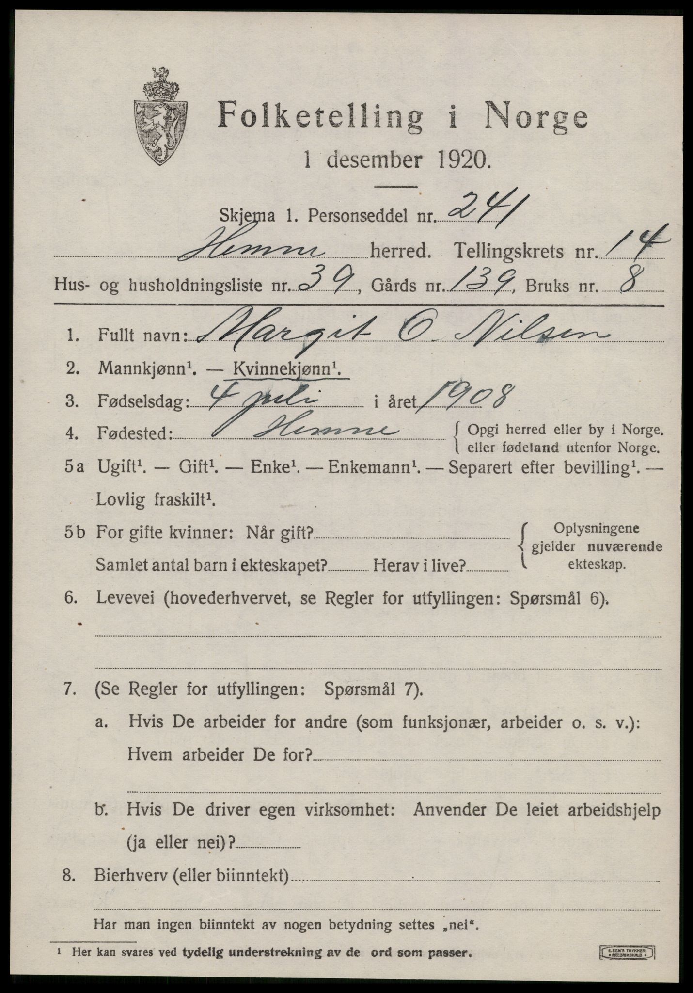 SAT, 1920 census for Hemne, 1920, p. 8410