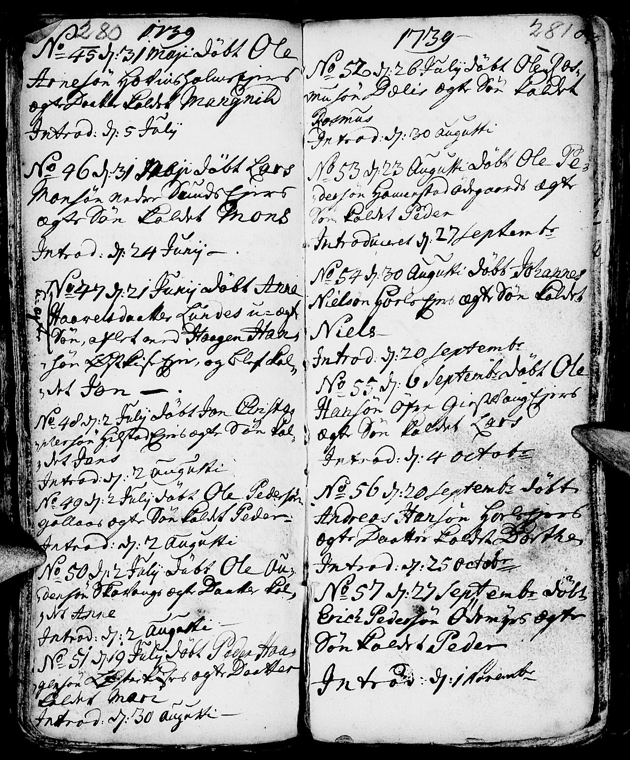 Nes prestekontor, Hedmark, AV/SAH-PREST-020/L/La/L0001: Parish register (copy) no. 1, 1663-1784, p. 280-281