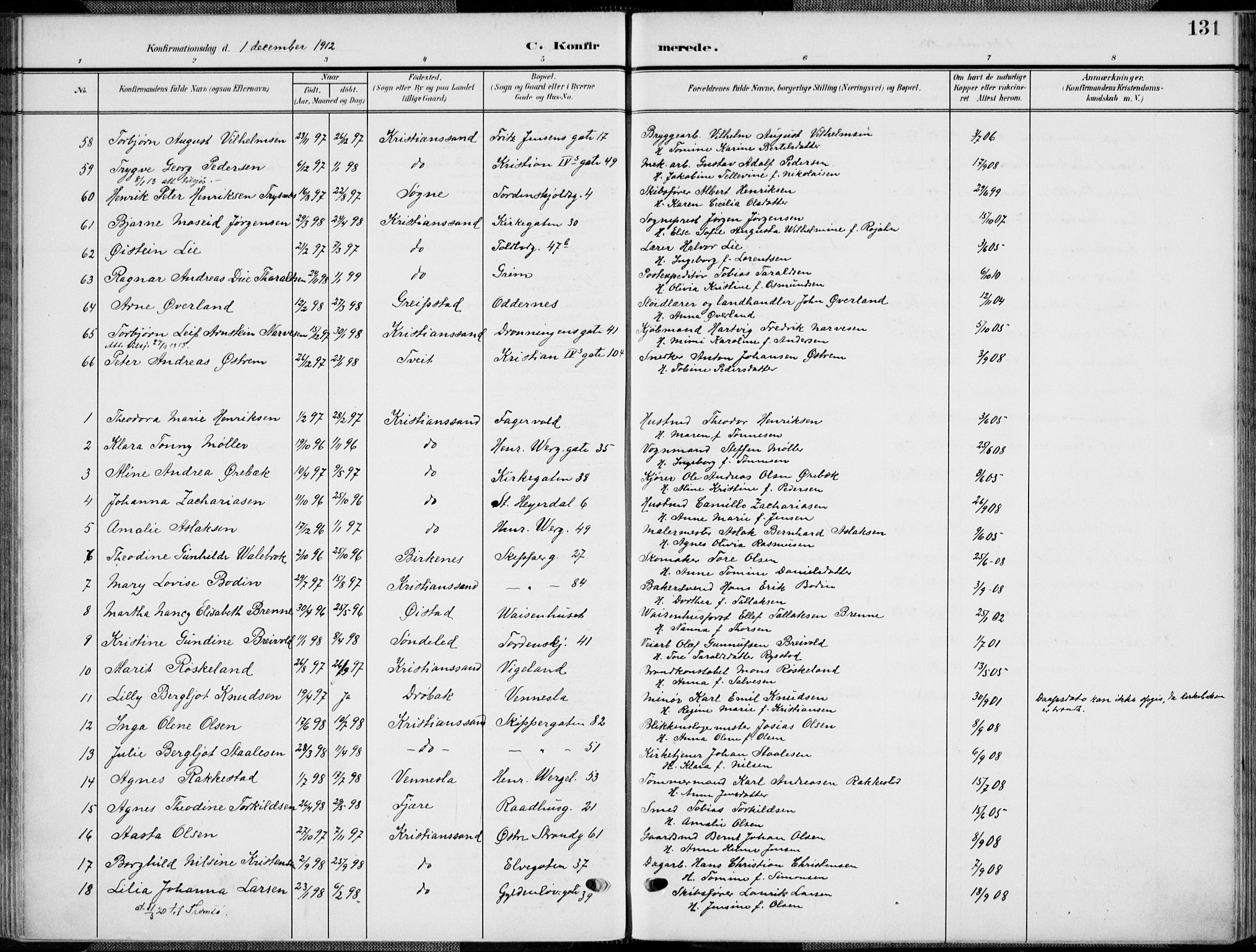 Kristiansand domprosti, AV/SAK-1112-0006/F/Fa/L0022: Parish register (official) no. A 21, 1905-1916, p. 131