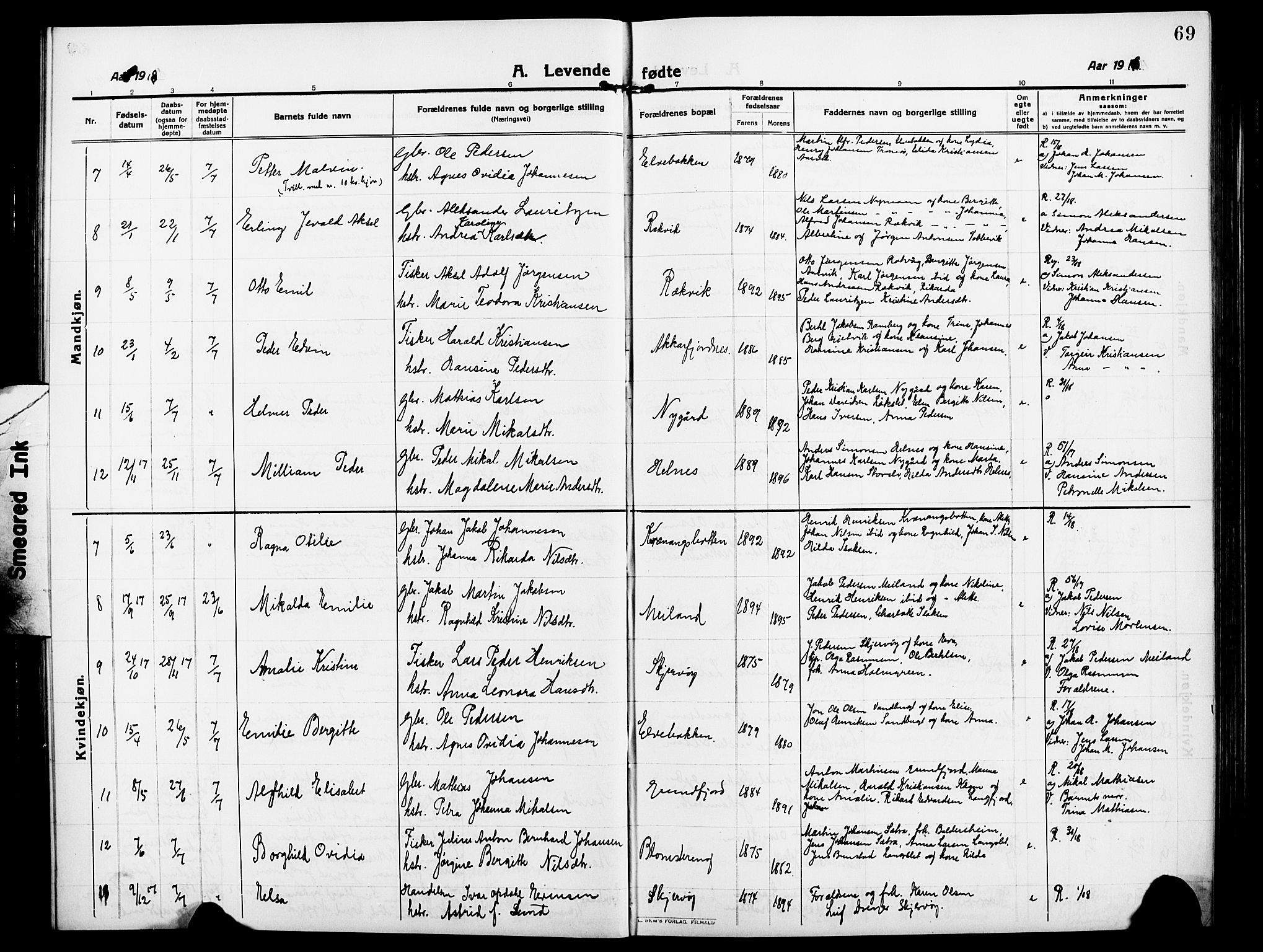 Skjervøy sokneprestkontor, AV/SATØ-S-1300/H/Ha/Hab/L0009klokker: Parish register (copy) no. 9, 1911-1926, p. 69