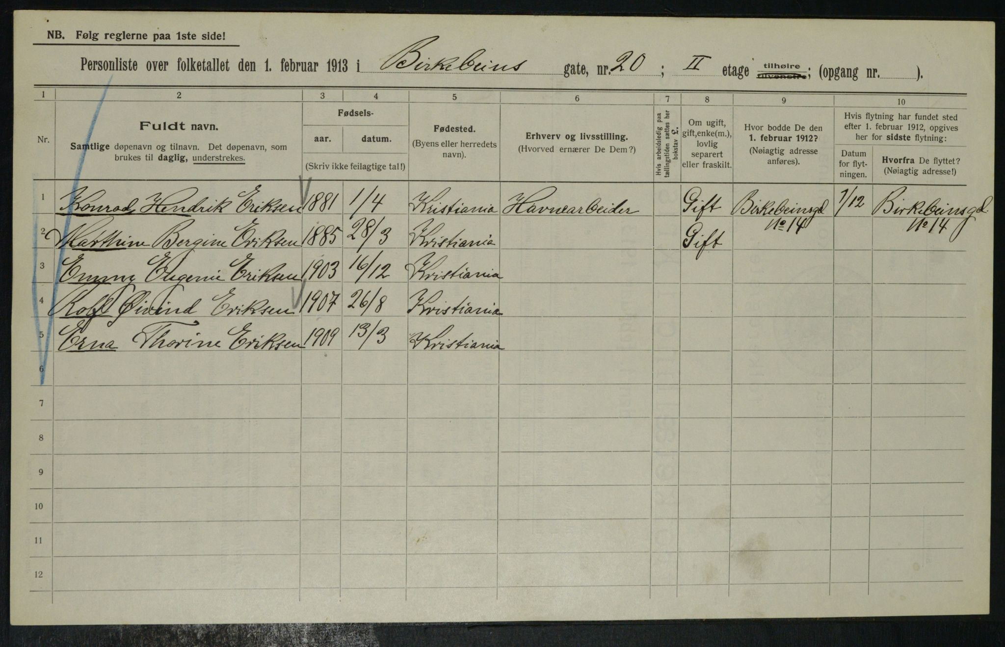 OBA, Municipal Census 1913 for Kristiania, 1913, p. 4874