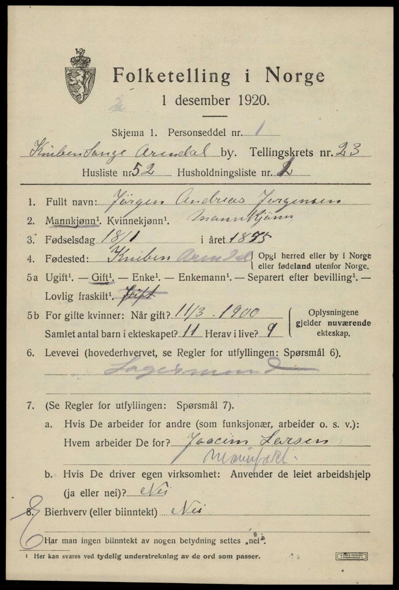 SAK, 1920 census for Arendal, 1920, p. 29440