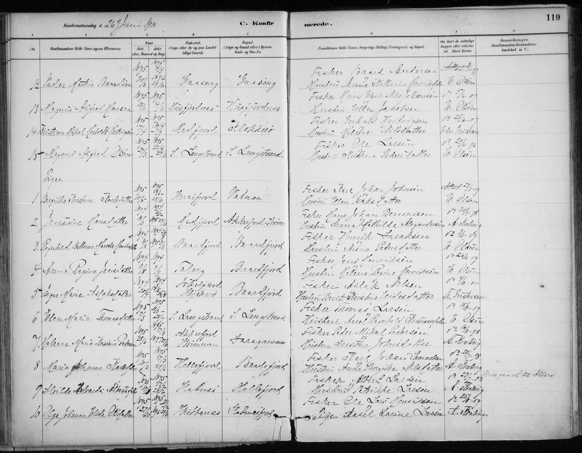 Hammerfest sokneprestkontor, SATØ/S-1347/H/Ha/L0013.kirke: Parish register (official) no. 13, 1898-1917, p. 119