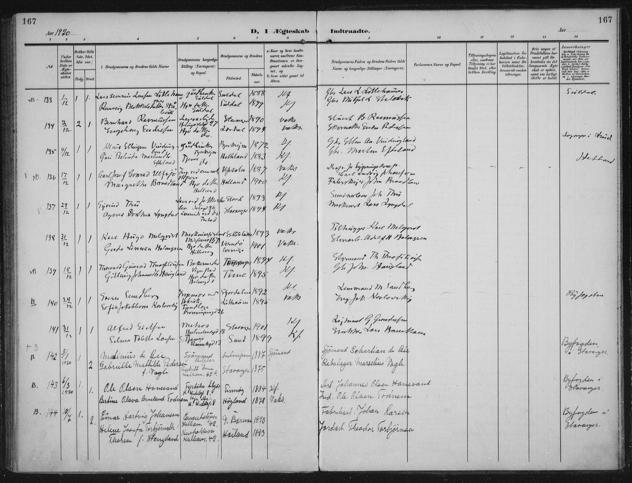 Domkirken sokneprestkontor, SAST/A-101812/002/A/L0016: Parish register (official) no. A 33, 1905-1922, p. 167