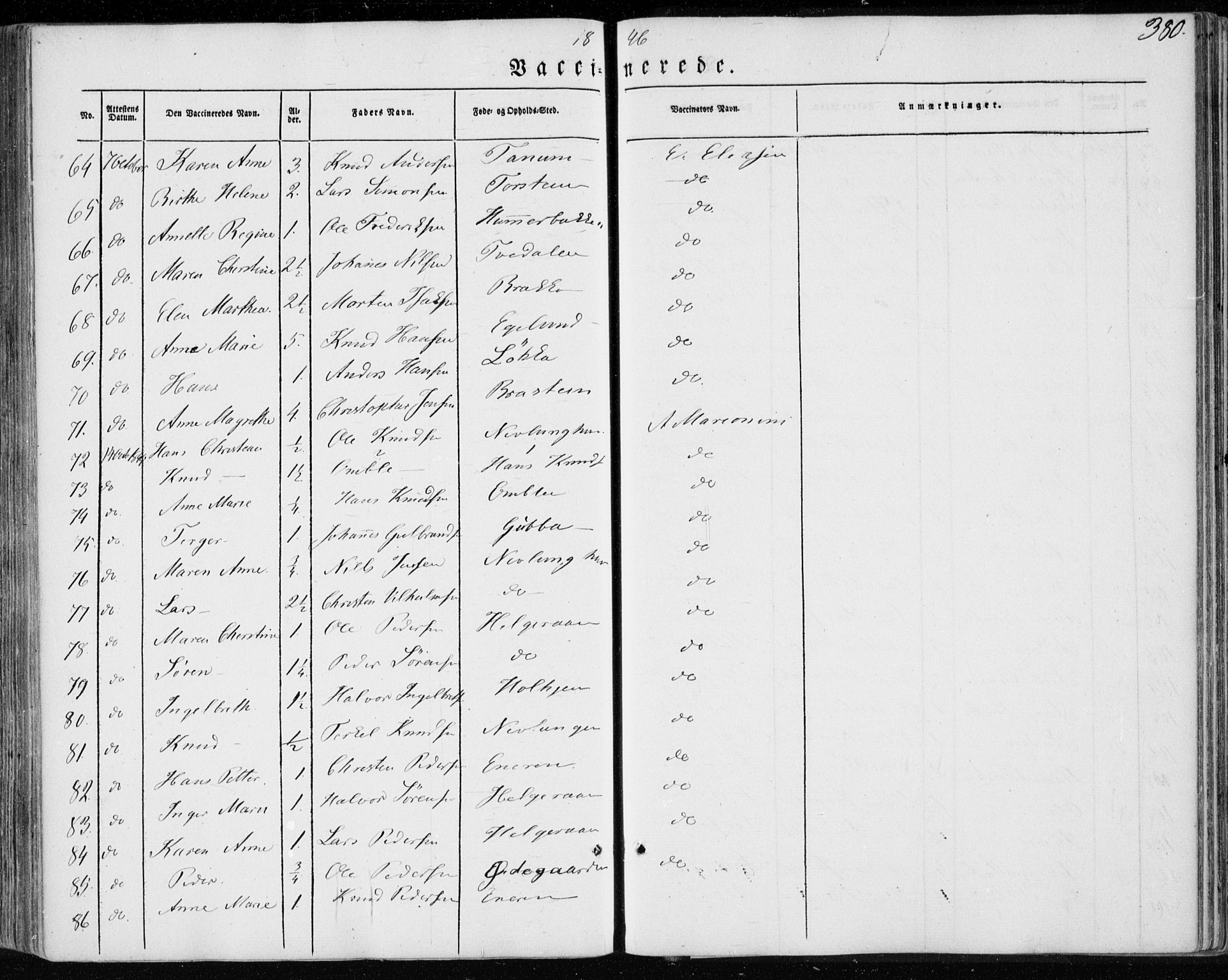 Brunlanes kirkebøker, AV/SAKO-A-342/F/Fa/L0004: Parish register (official) no. I 4, 1846-1862, p. 380