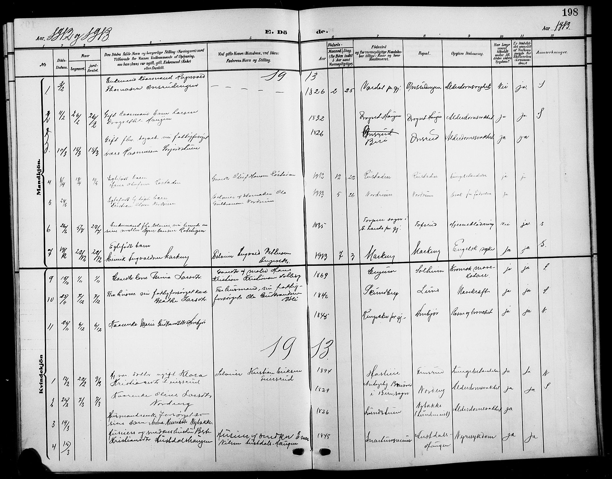 Biri prestekontor, SAH/PREST-096/H/Ha/Hab/L0005: Parish register (copy) no. 5, 1906-1919, p. 198