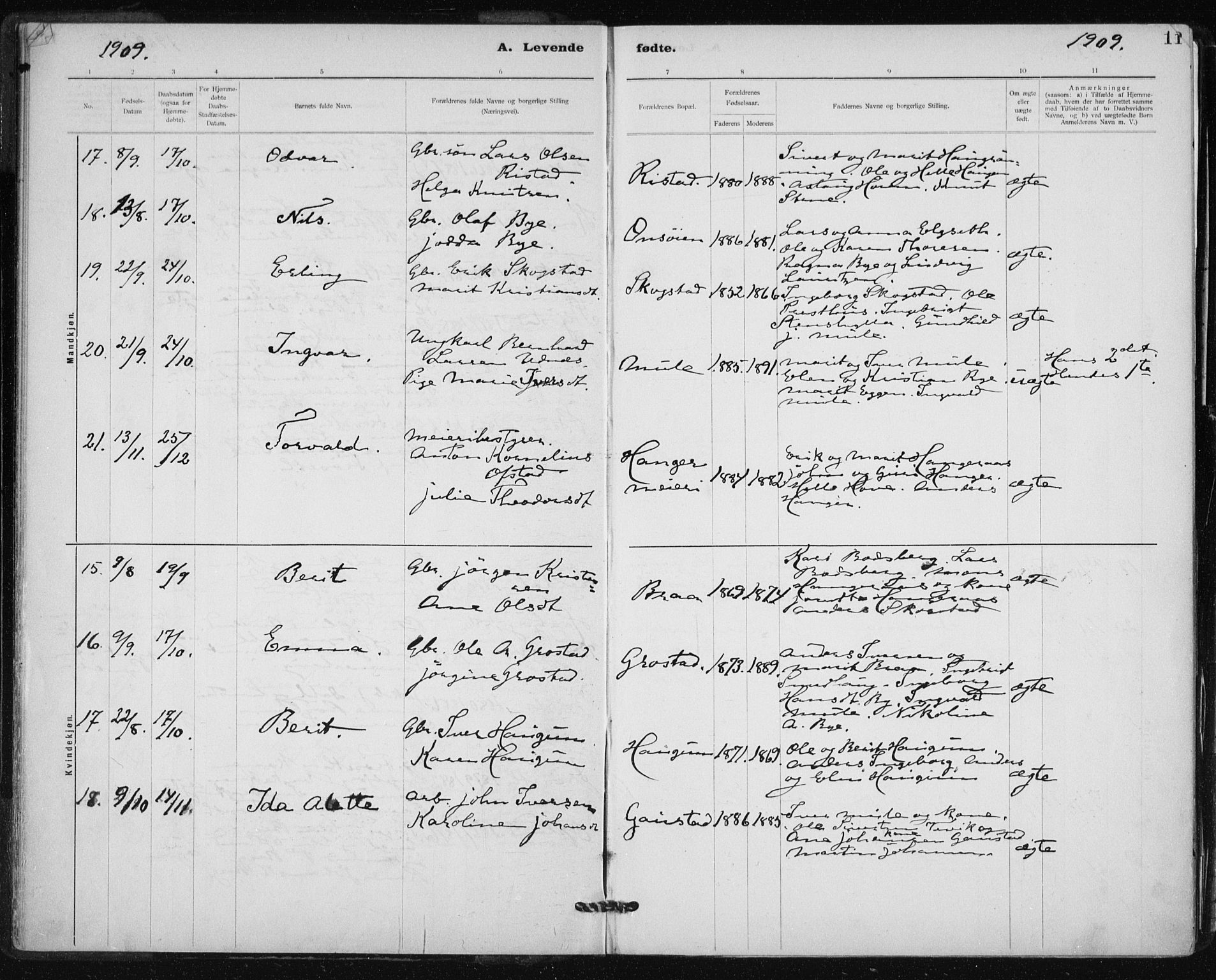 Ministerialprotokoller, klokkerbøker og fødselsregistre - Sør-Trøndelag, SAT/A-1456/612/L0381: Parish register (official) no. 612A13, 1907-1923, p. 11