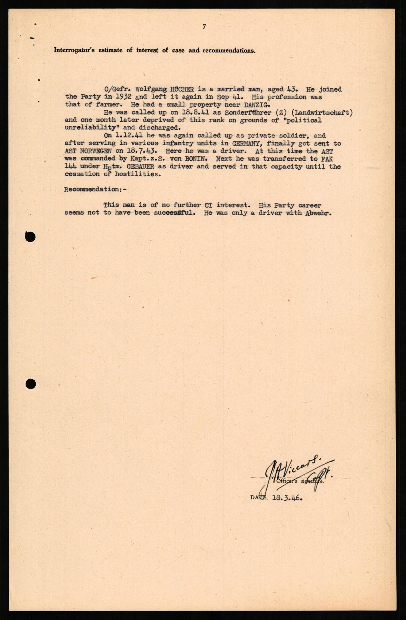 Forsvaret, Forsvarets overkommando II, RA/RAFA-3915/D/Db/L0014: CI Questionaires. Tyske okkupasjonsstyrker i Norge. Tyskere., 1945-1946, p. 249