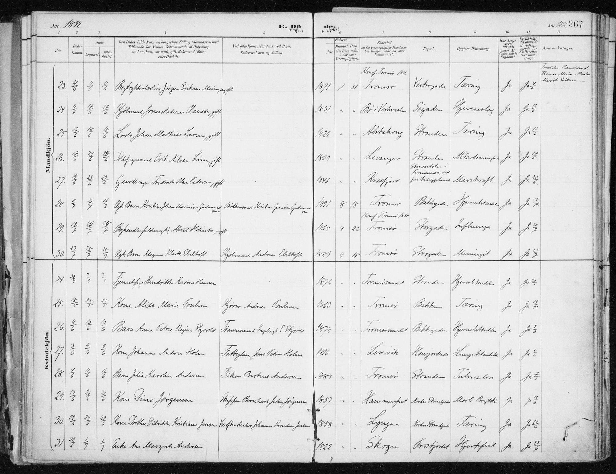 Tromsø sokneprestkontor/stiftsprosti/domprosti, AV/SATØ-S-1343/G/Ga/L0015kirke: Parish register (official) no. 15, 1889-1899, p. 367