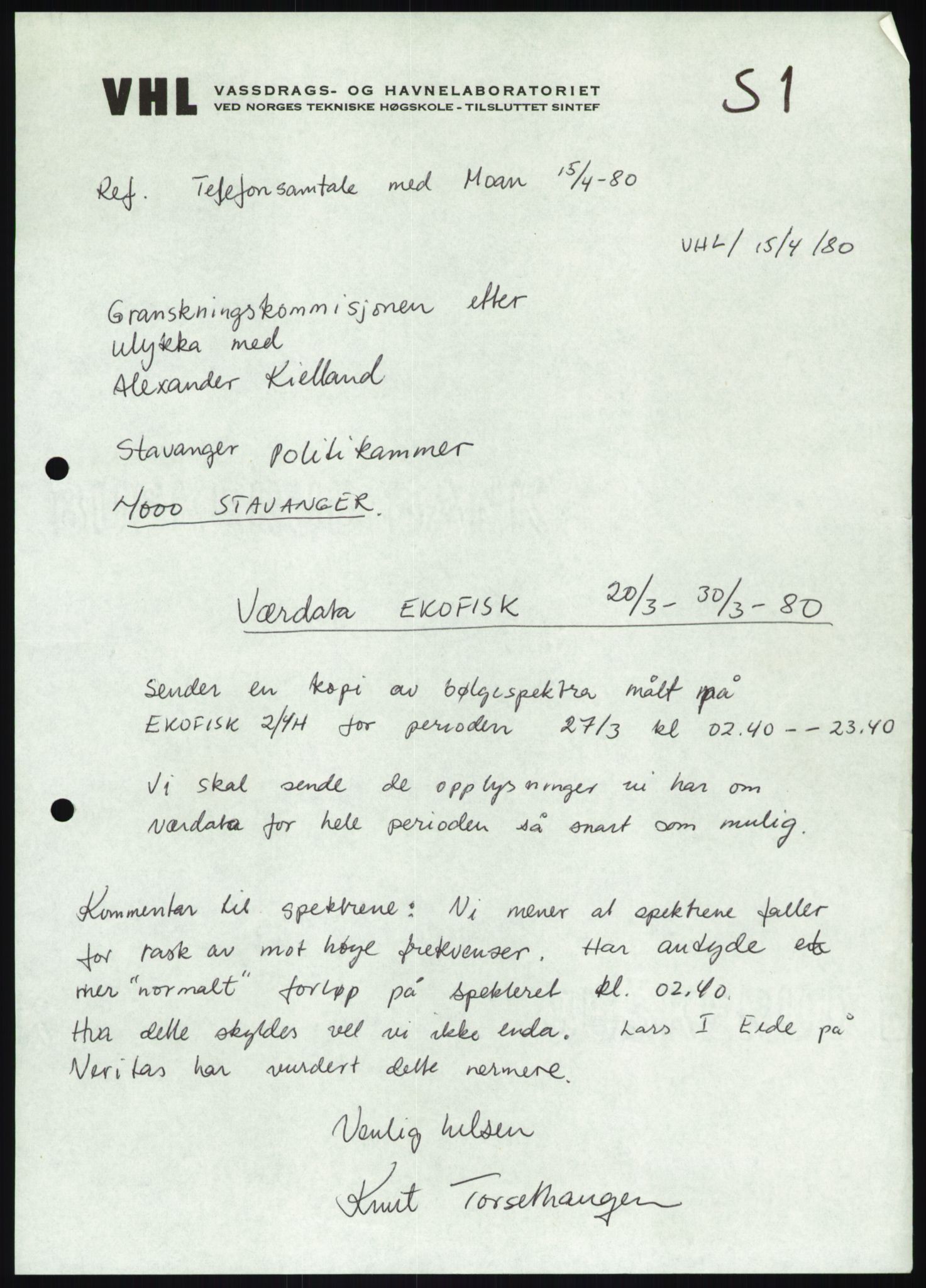 Justisdepartementet, Granskningskommisjonen ved Alexander Kielland-ulykken 27.3.1980, AV/RA-S-1165/D/L0019: S Værforhold (Doku.liste + S1-S5 av 5)/ T (T1-T2)/ U Stabilitet (Doku.liste + U1-U5 av 5), 1980-1981, p. 7