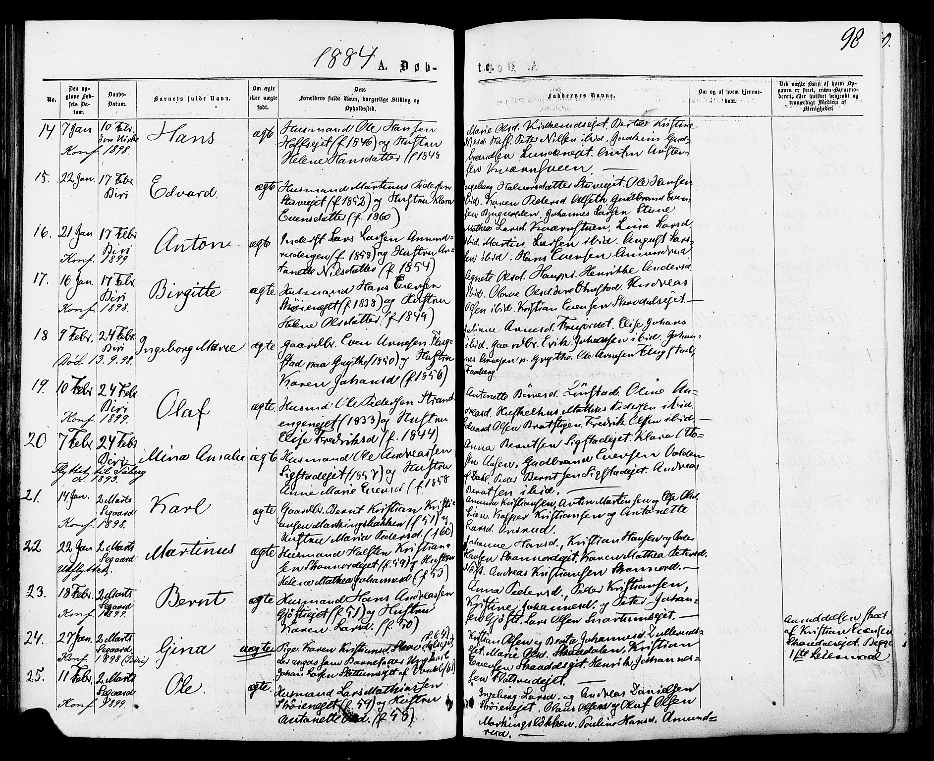 Biri prestekontor, AV/SAH-PREST-096/H/Ha/Haa/L0006: Parish register (official) no. 6, 1877-1886, p. 98