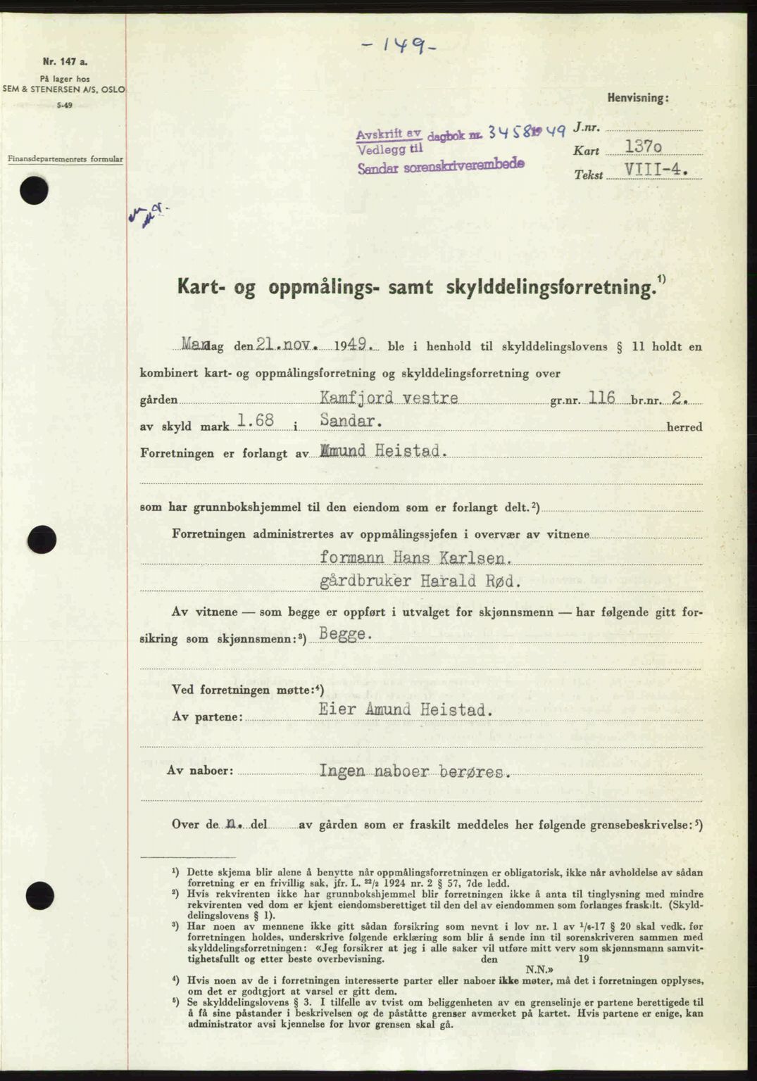 Sandar sorenskriveri, SAKO/A-86/G/Ga/Gaa/L0020: Mortgage book no. A-20, 1949-1950, Diary no: : 3458/1949