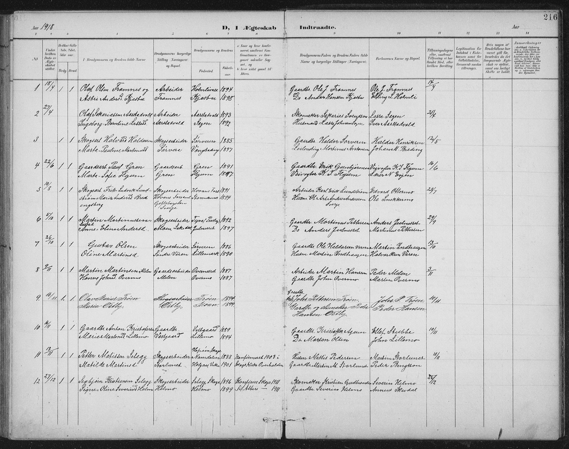 Ministerialprotokoller, klokkerbøker og fødselsregistre - Nord-Trøndelag, SAT/A-1458/724/L0269: Parish register (copy) no. 724C05, 1899-1920, p. 216
