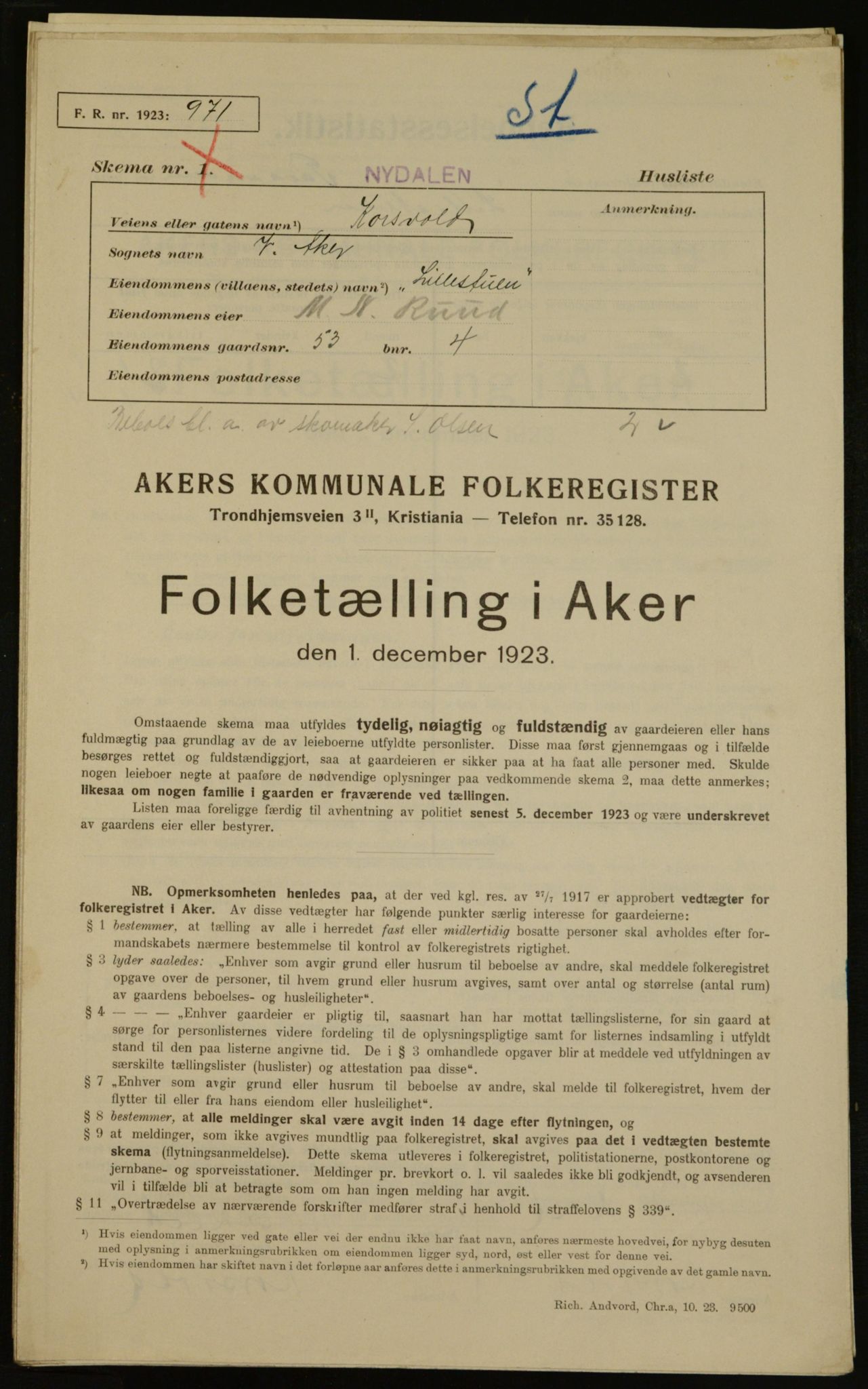 , Municipal Census 1923 for Aker, 1923, p. 13931