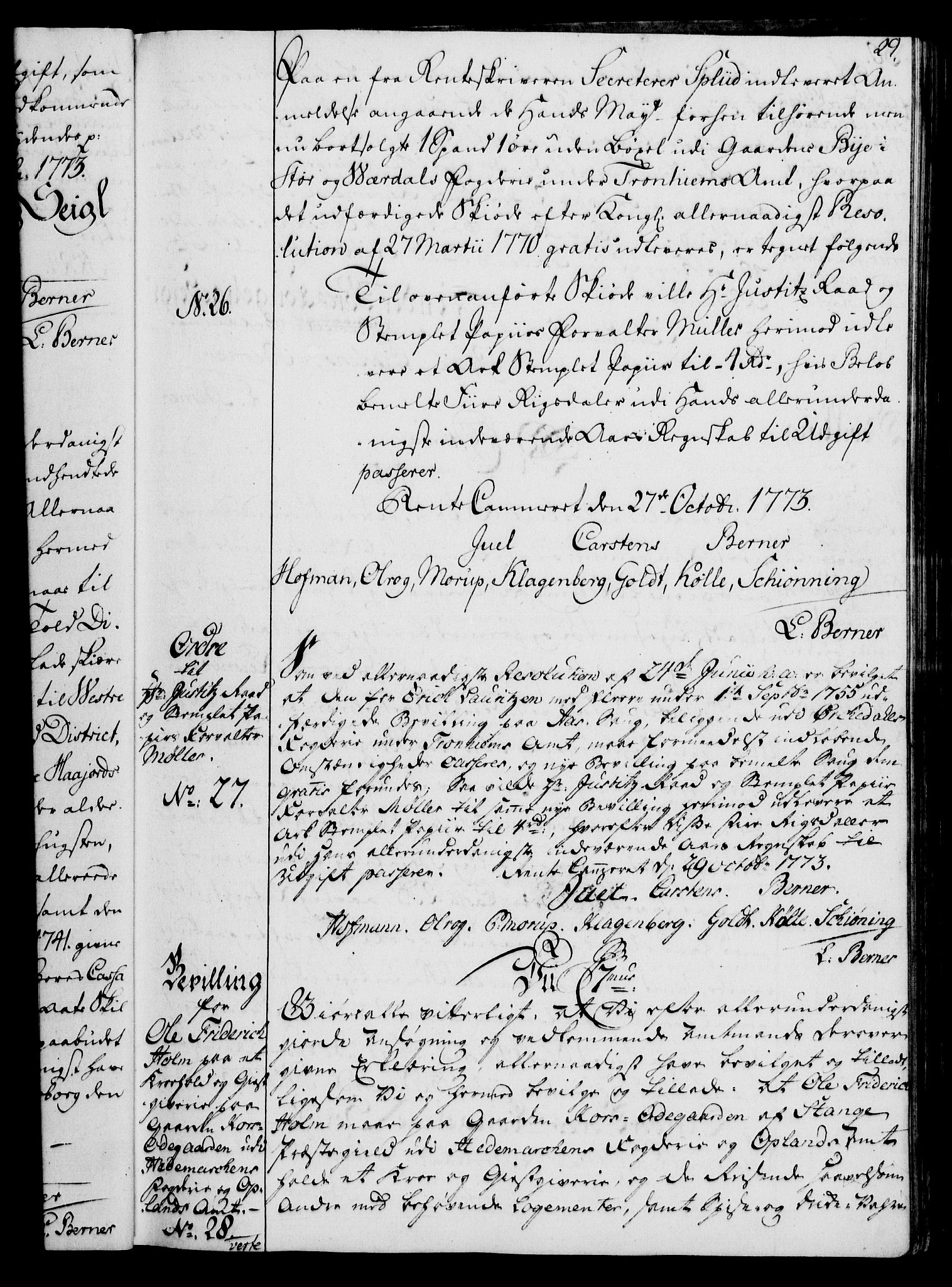 Rentekammeret, Kammerkanselliet, AV/RA-EA-3111/G/Gg/Gga/L0010: Norsk ekspedisjonsprotokoll med register (merket RK 53.10), 1773-1778, p. 29