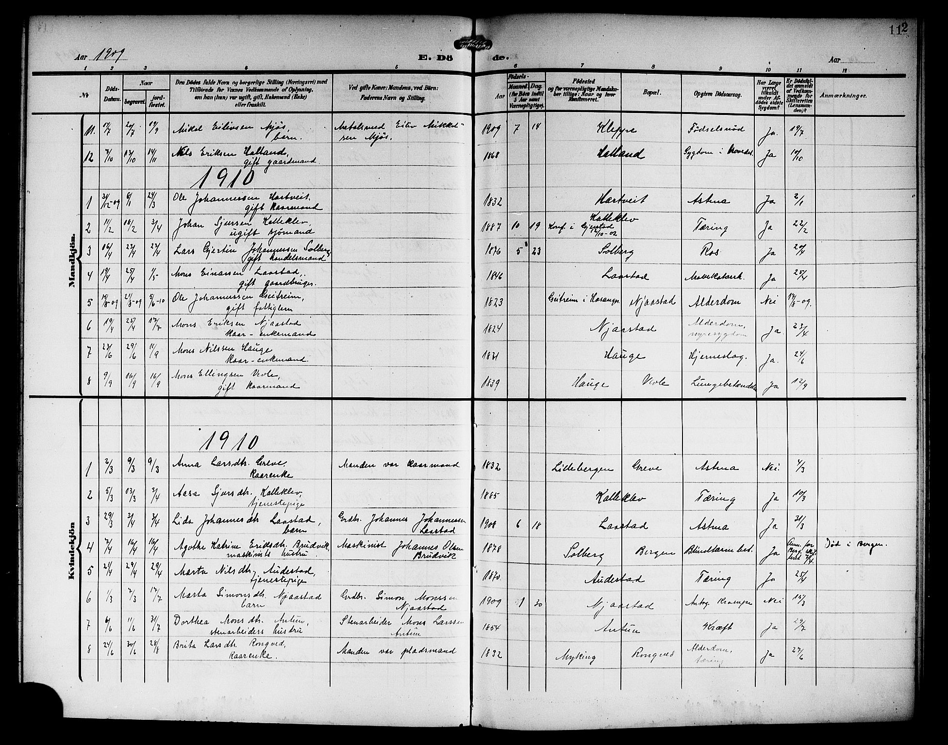 Haus sokneprestembete, SAB/A-75601/H/Hab: Parish register (copy) no. C 4, 1907-1922, p. 112