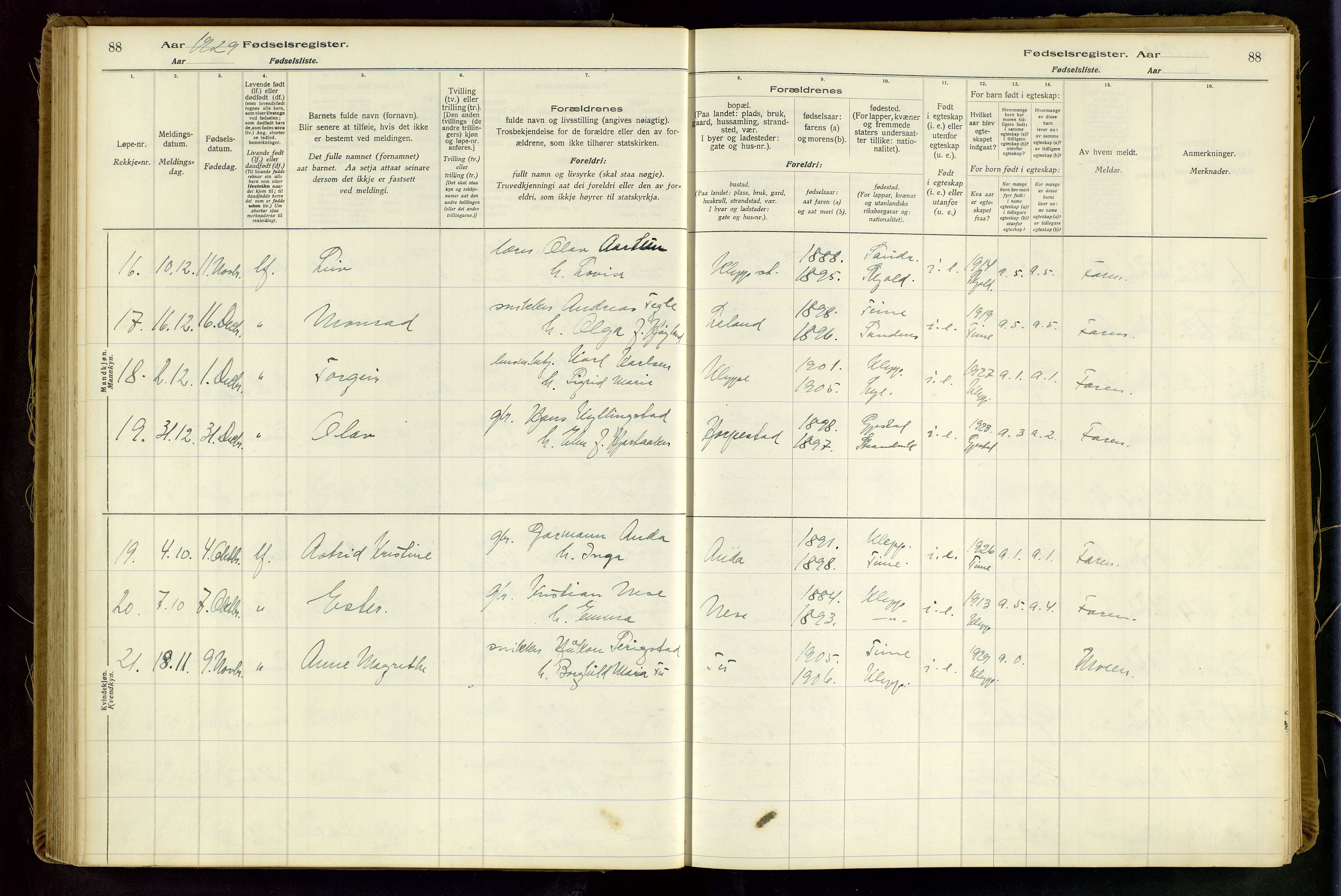 Klepp sokneprestkontor, AV/SAST-A-101803/001/704BAA/L0001: Birth register no. 1, 1916-1948, p. 88