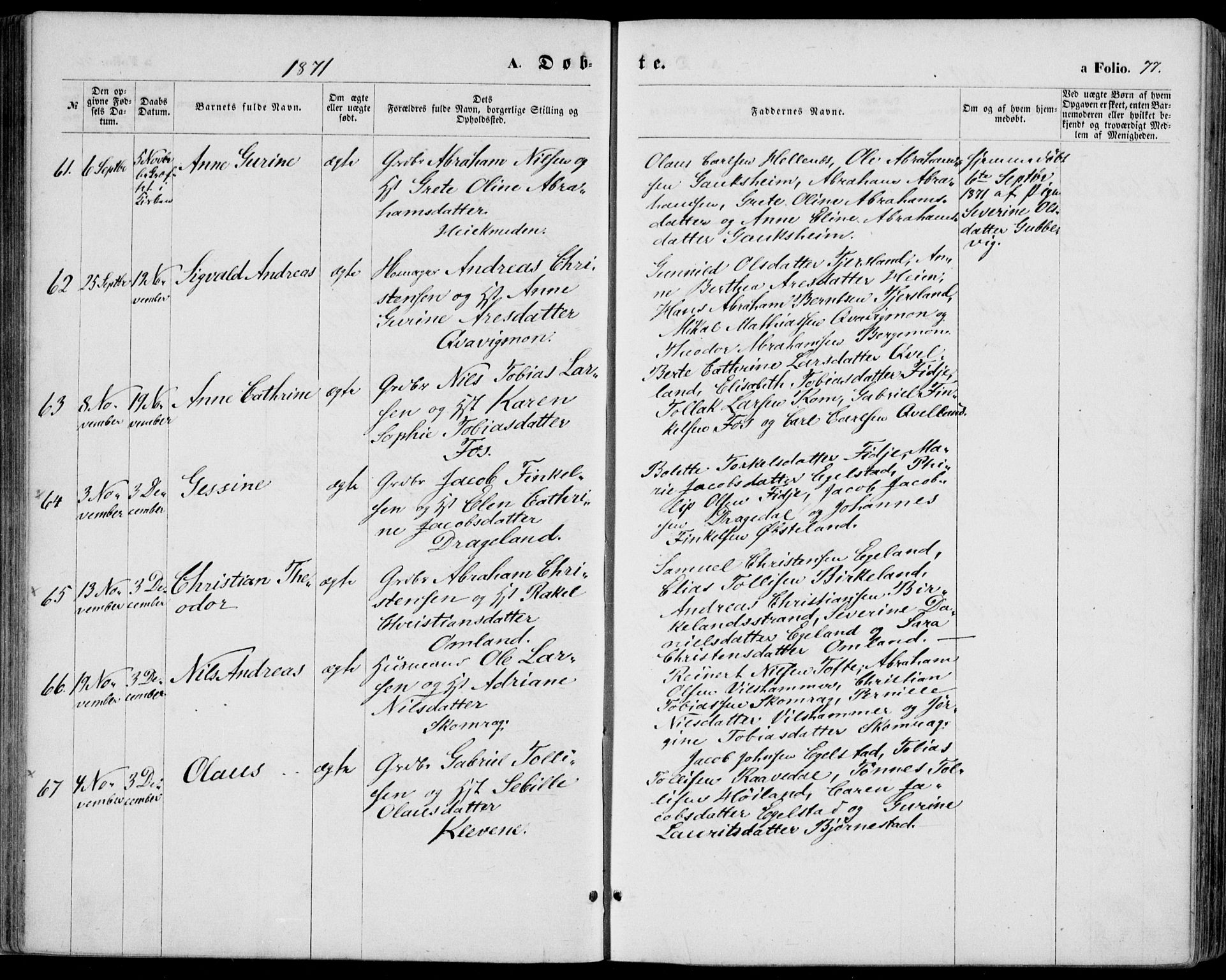 Lyngdal sokneprestkontor, AV/SAK-1111-0029/F/Fa/Fac/L0010: Parish register (official) no. A 10, 1865-1878, p. 77