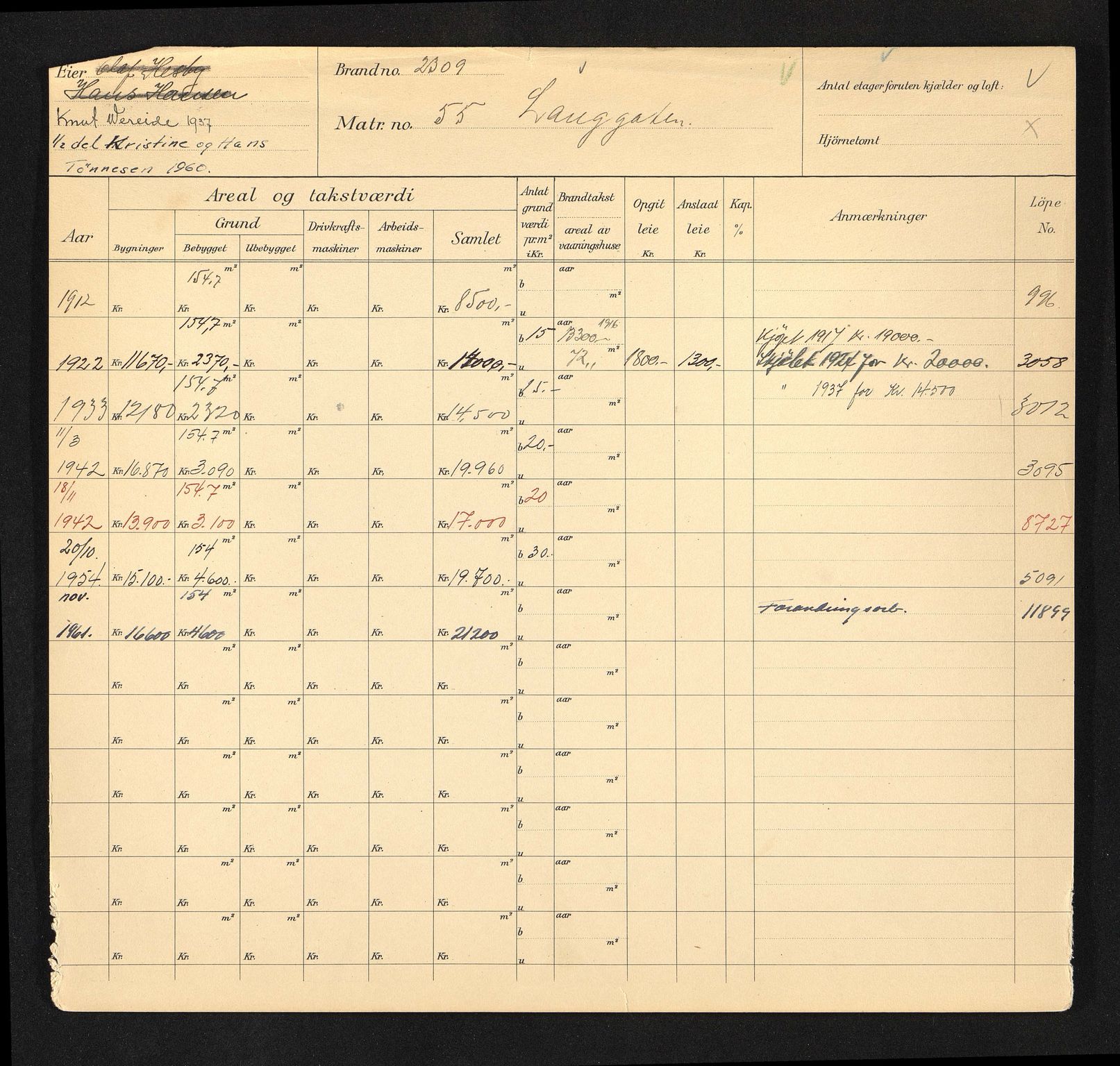 Stavanger kommune. Skattetakstvesenet, BYST/A-0440/F/Fa/Faa/L0027/0008: Skattetakstkort / Langgata 53 - 74