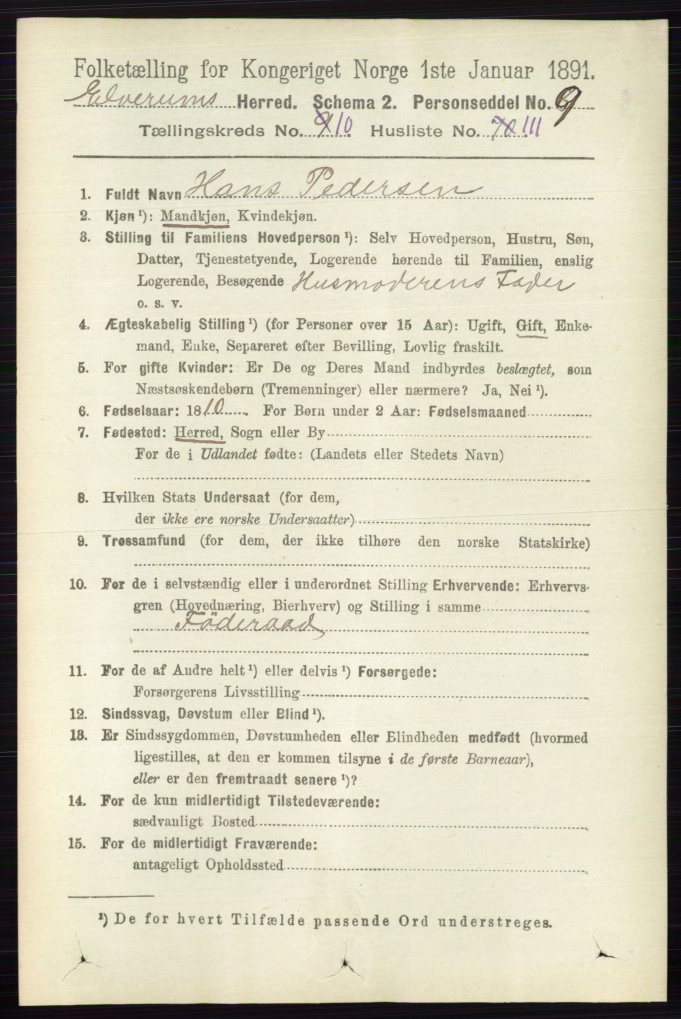 RA, 1891 census for 0427 Elverum, 1891, p. 8922