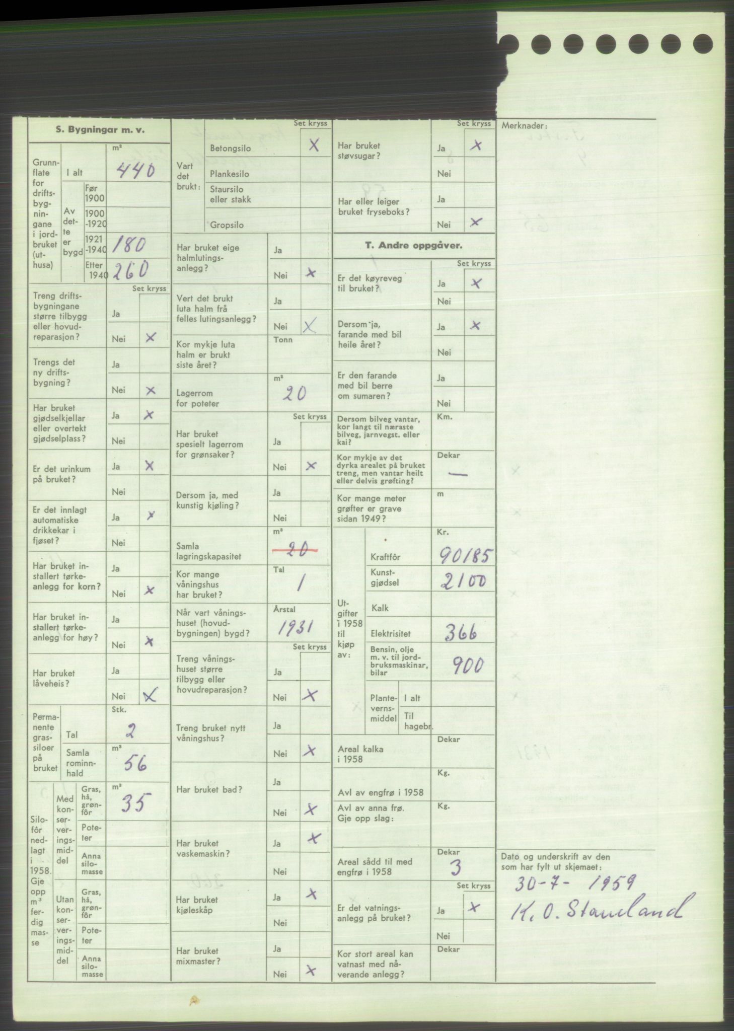 Statistisk sentralbyrå, Næringsøkonomiske emner, Jordbruk, skogbruk, jakt, fiske og fangst, AV/RA-S-2234/G/Gd/L0373: Rogaland: 1130 Strand (kl. 1-2), 1131 Årdal og 1132 Fister, 1959, p. 1952