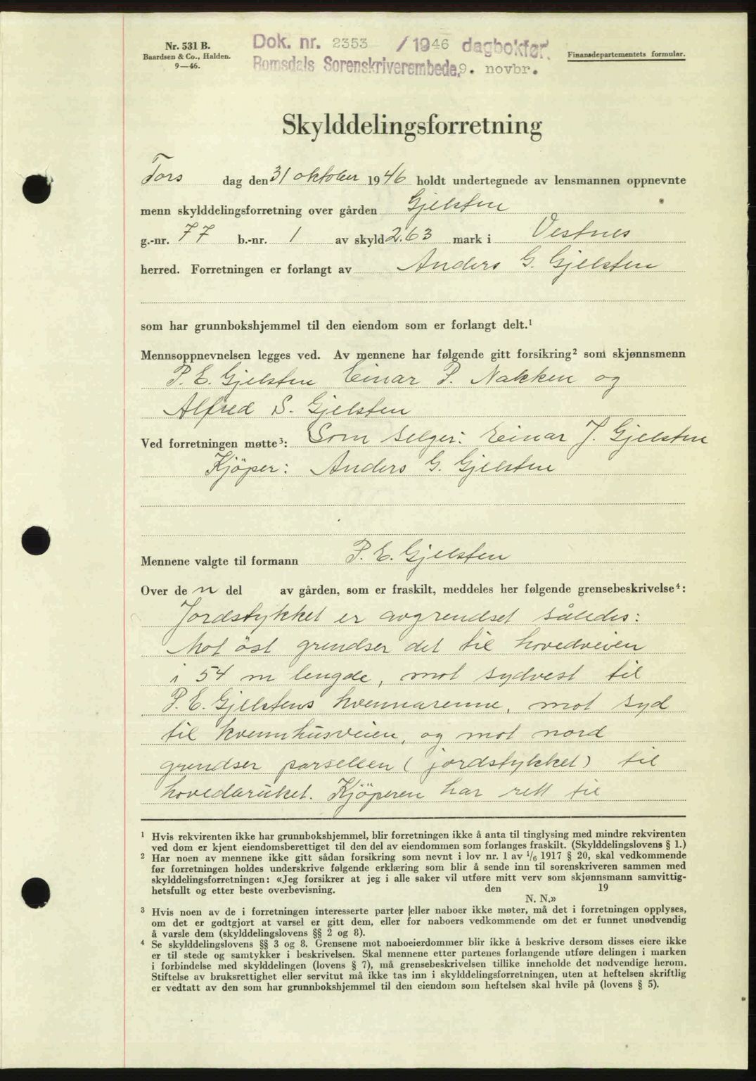 Romsdal sorenskriveri, AV/SAT-A-4149/1/2/2C: Mortgage book no. A21, 1946-1946, Diary no: : 2353/1946