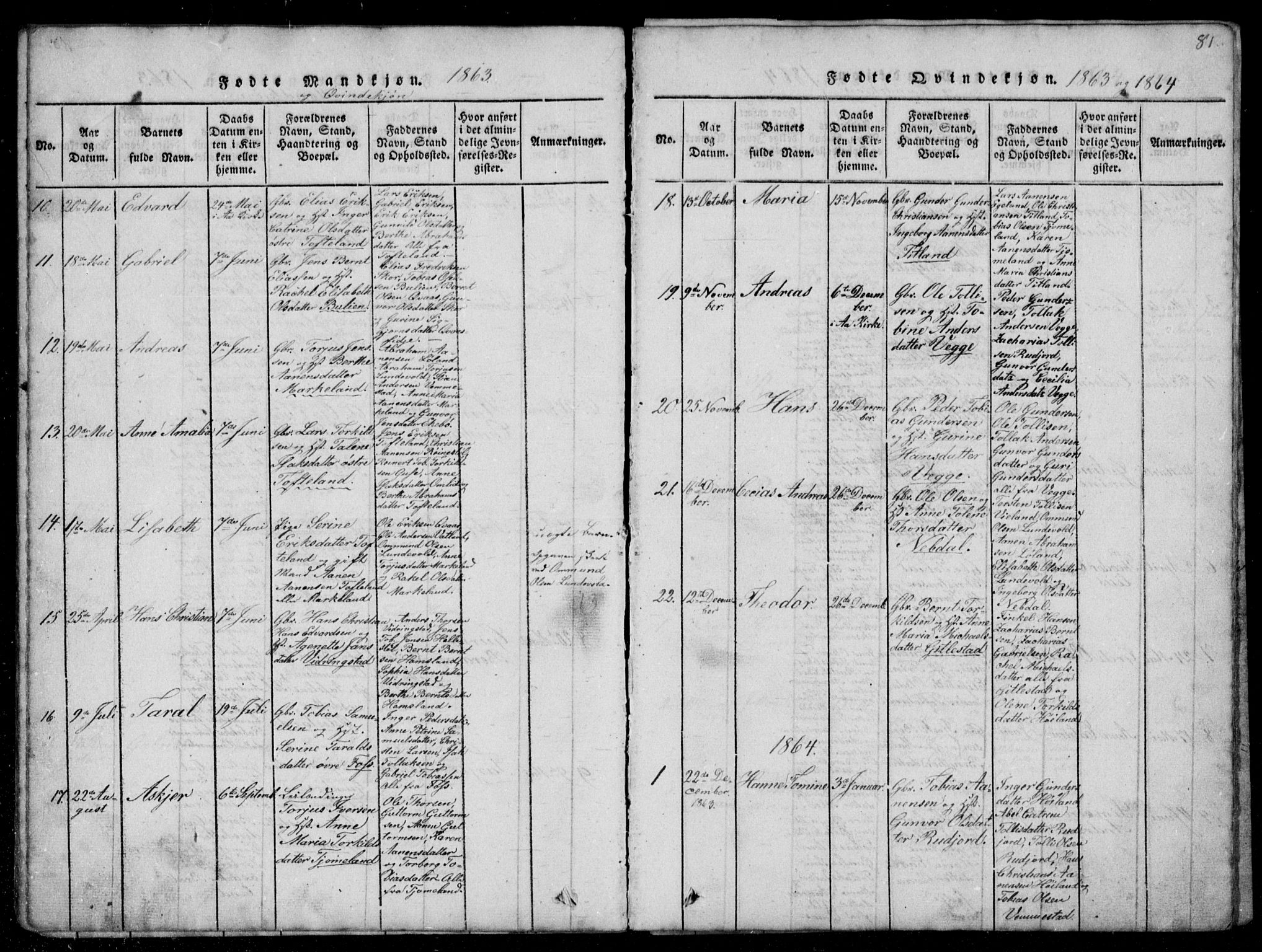 Lyngdal sokneprestkontor, AV/SAK-1111-0029/F/Fb/Fbb/L0001: Parish register (copy) no. B 1, 1816-1900, p. 81