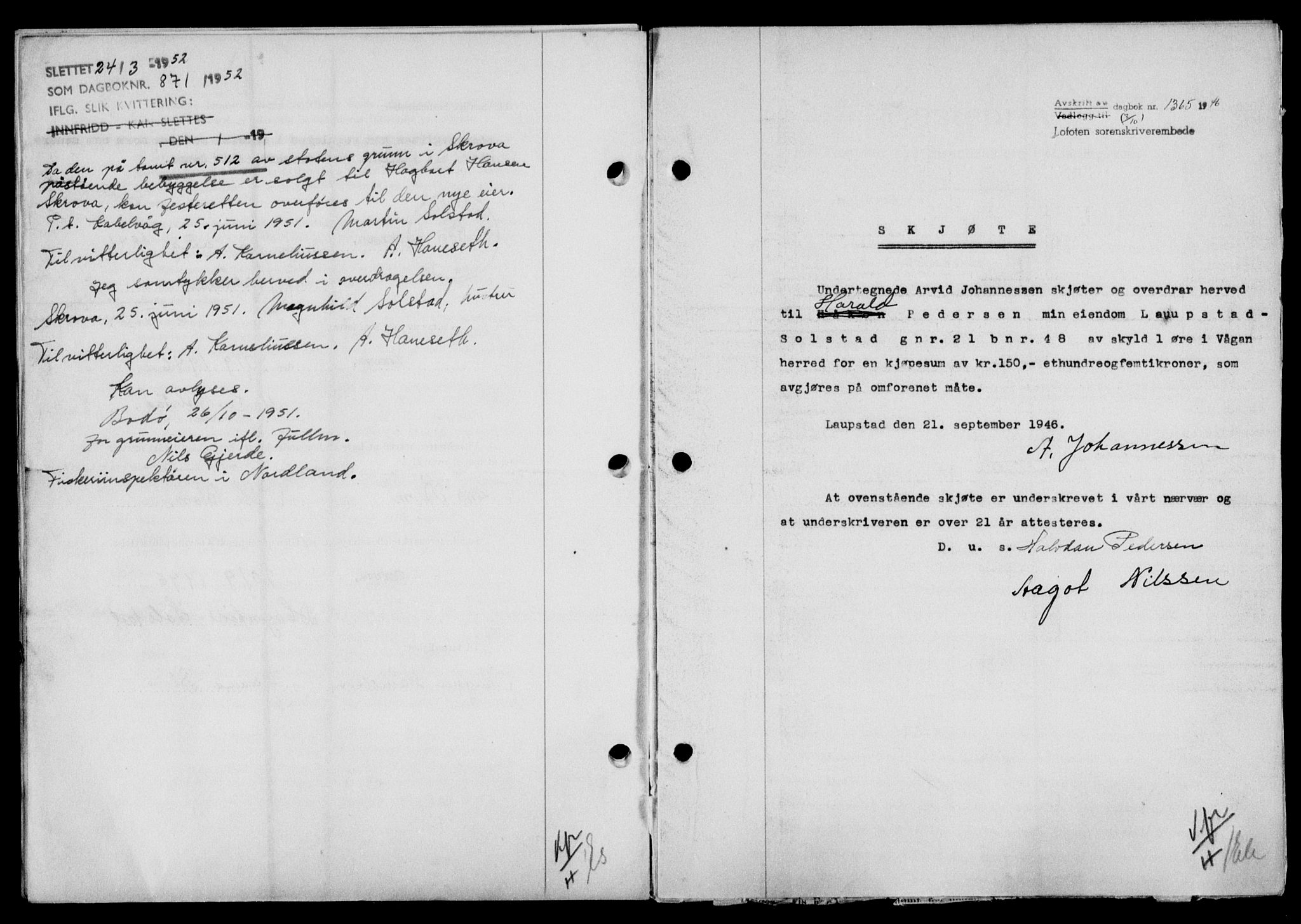 Lofoten sorenskriveri, SAT/A-0017/1/2/2C/L0014a: Mortgage book no. 14a, 1946-1946, Diary no: : 1365/1946