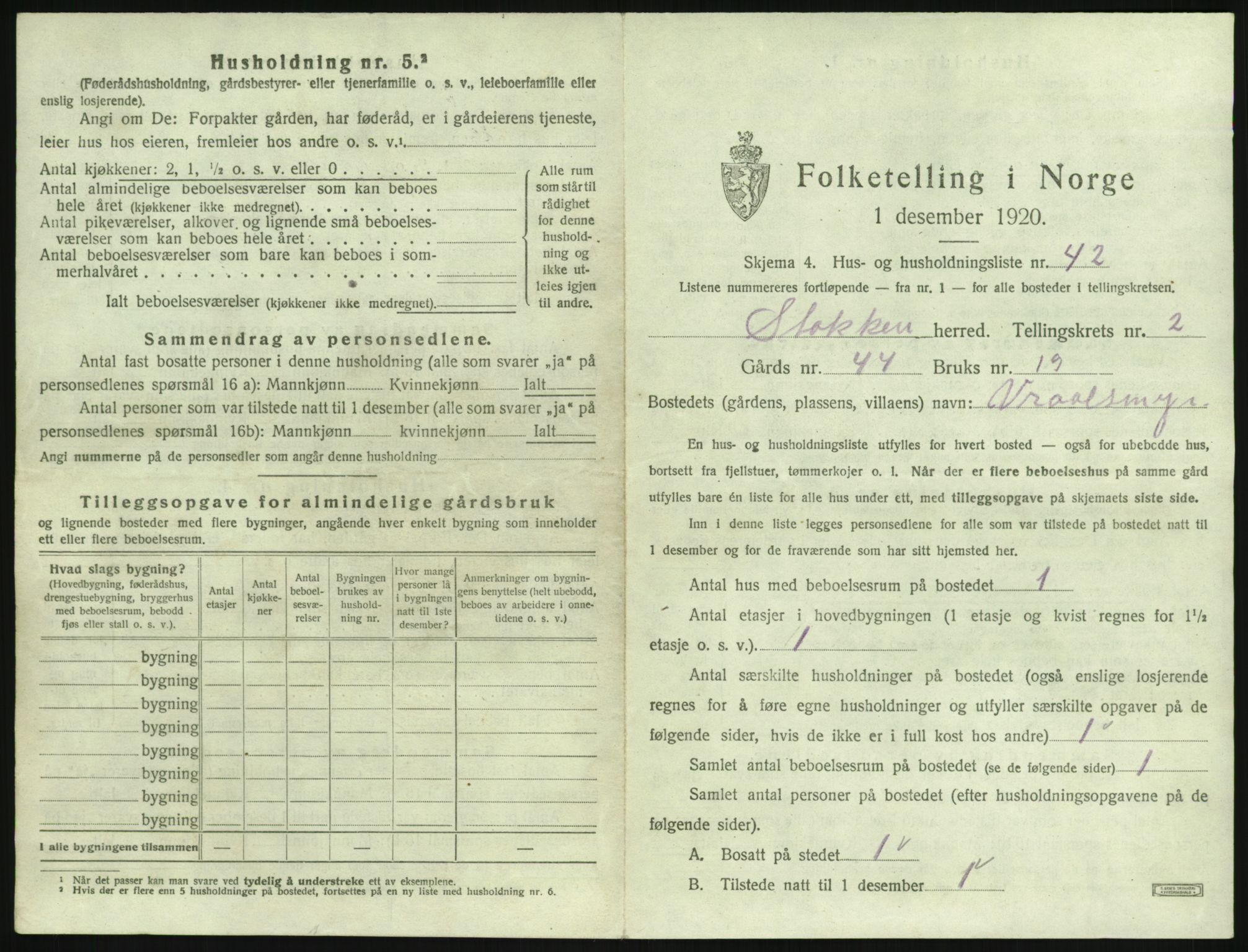 SAK, 1920 census for Stokken, 1920, p. 302