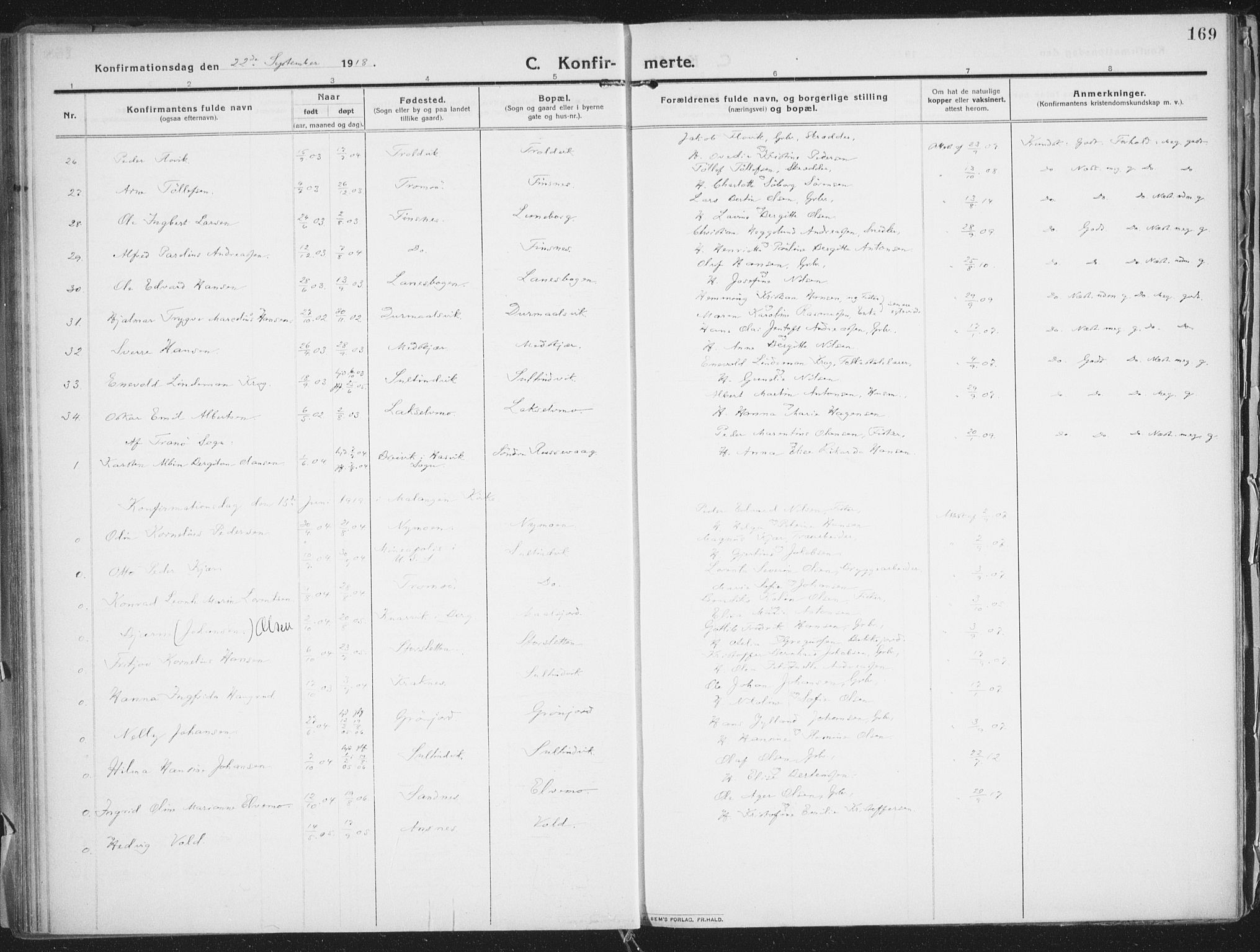 Lenvik sokneprestembete, SATØ/S-1310/H/Ha/Haa/L0016kirke: Parish register (official) no. 16, 1910-1924, p. 169