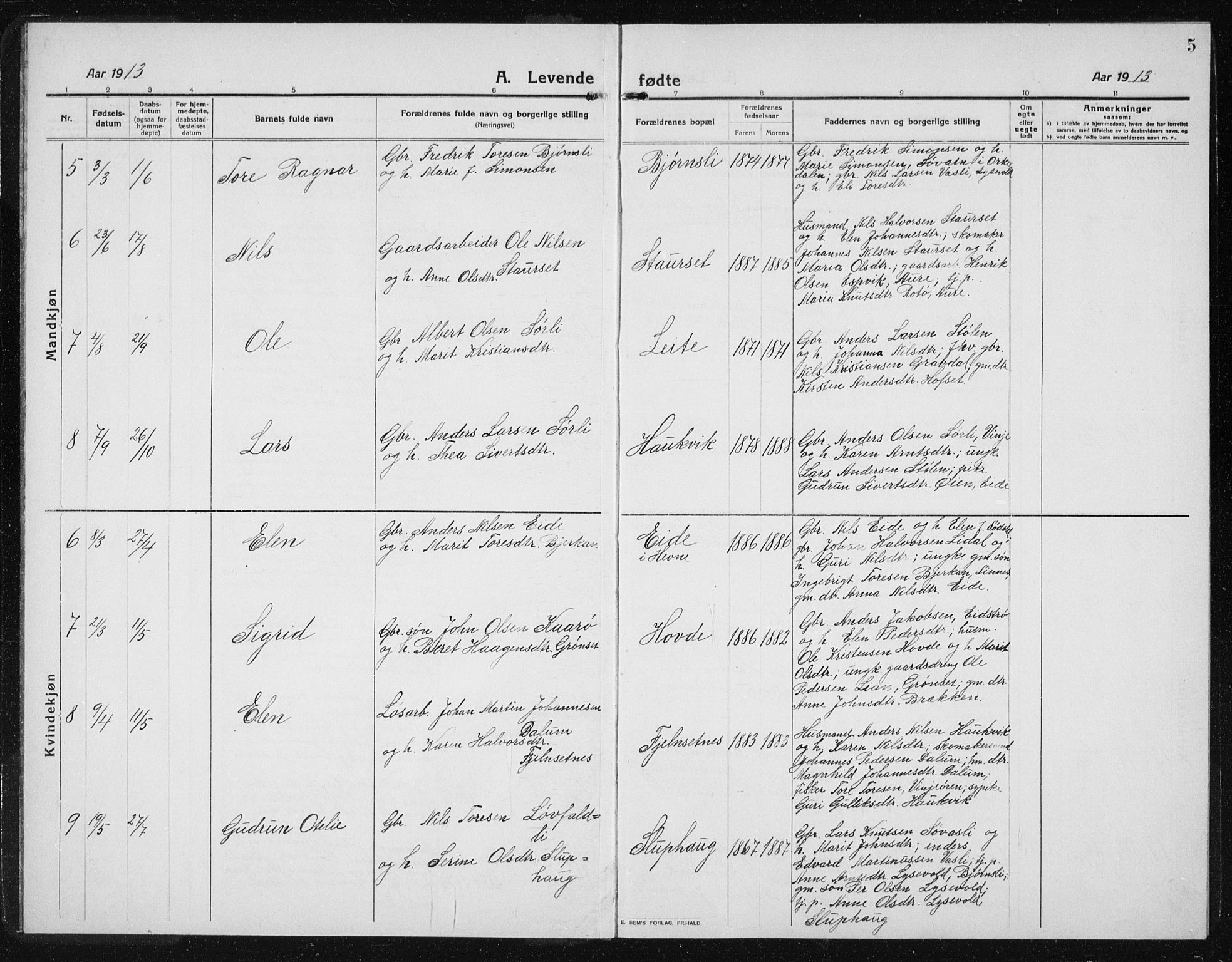Ministerialprotokoller, klokkerbøker og fødselsregistre - Sør-Trøndelag, SAT/A-1456/631/L0515: Parish register (copy) no. 631C03, 1913-1939, p. 5