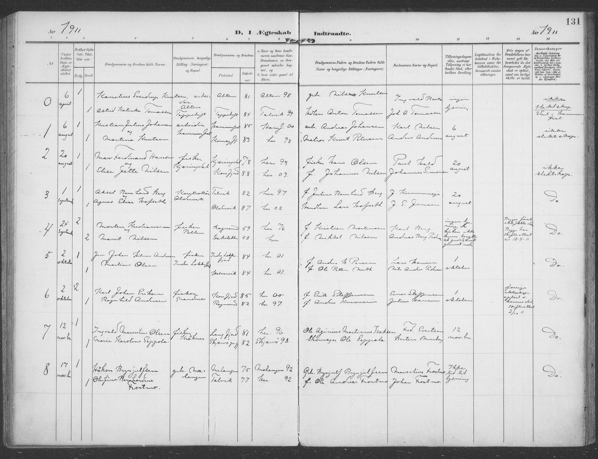Talvik sokneprestkontor, AV/SATØ-S-1337/H/Ha/L0017kirke: Parish register (official) no. 17, 1906-1915, p. 131