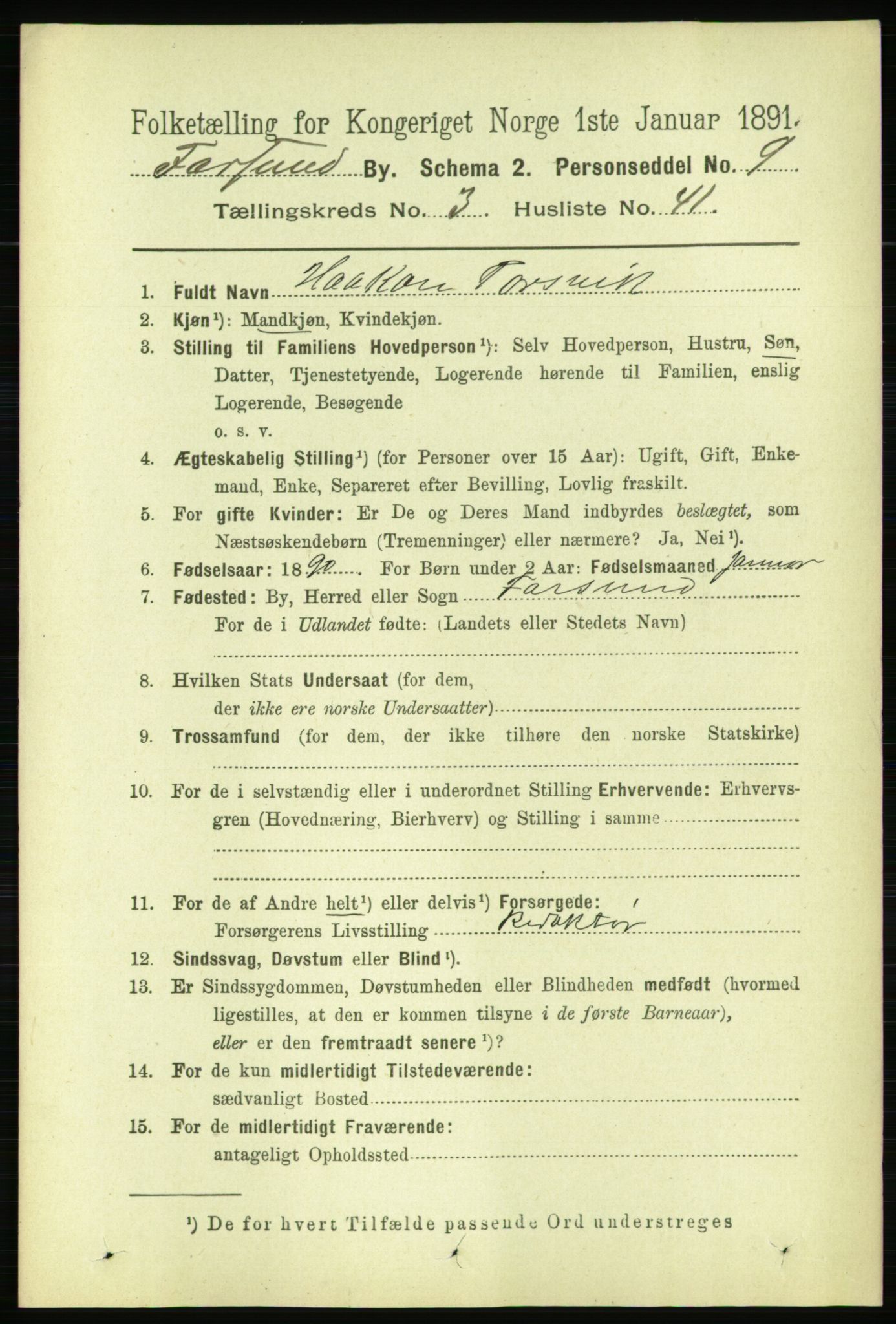 RA, 1891 census for 1003 Farsund, 1891, p. 1625