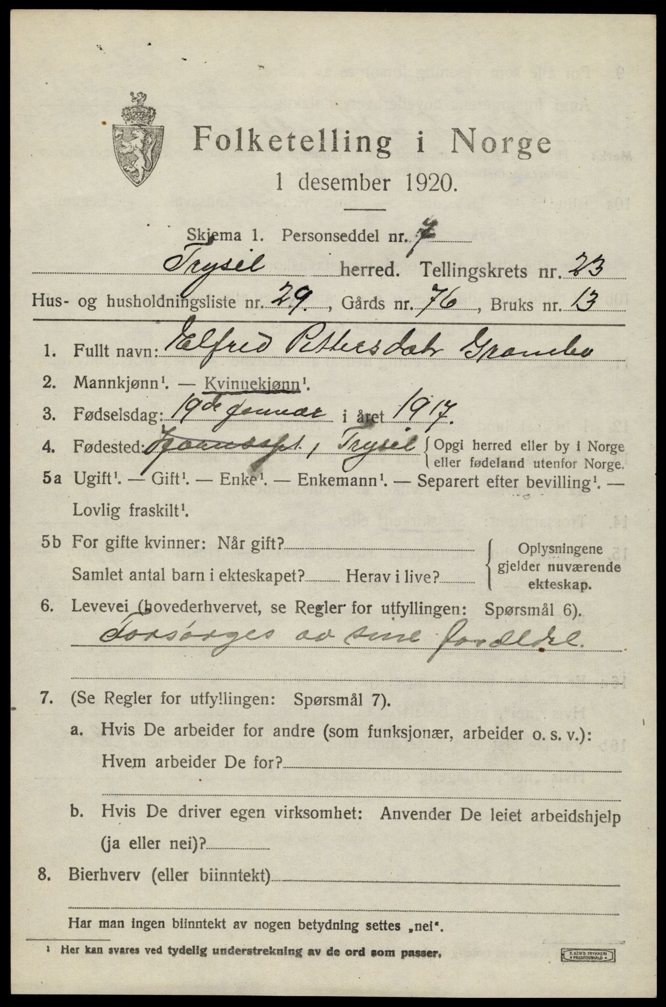 SAH, 1920 census for Trysil, 1920, p. 15199