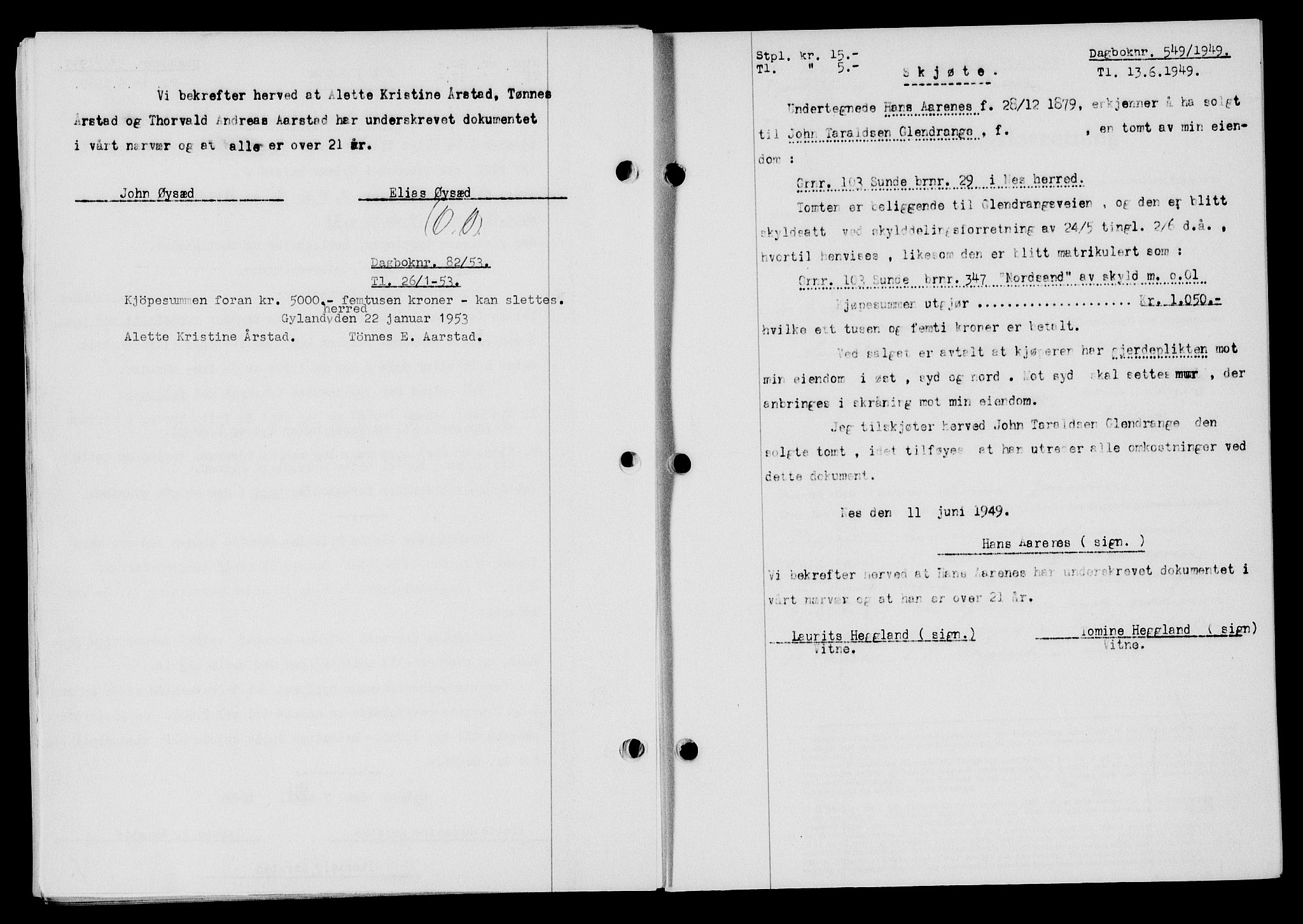 Flekkefjord sorenskriveri, SAK/1221-0001/G/Gb/Gba/L0065: Mortgage book no. A-13, 1949-1949, Diary no: : 549/1949