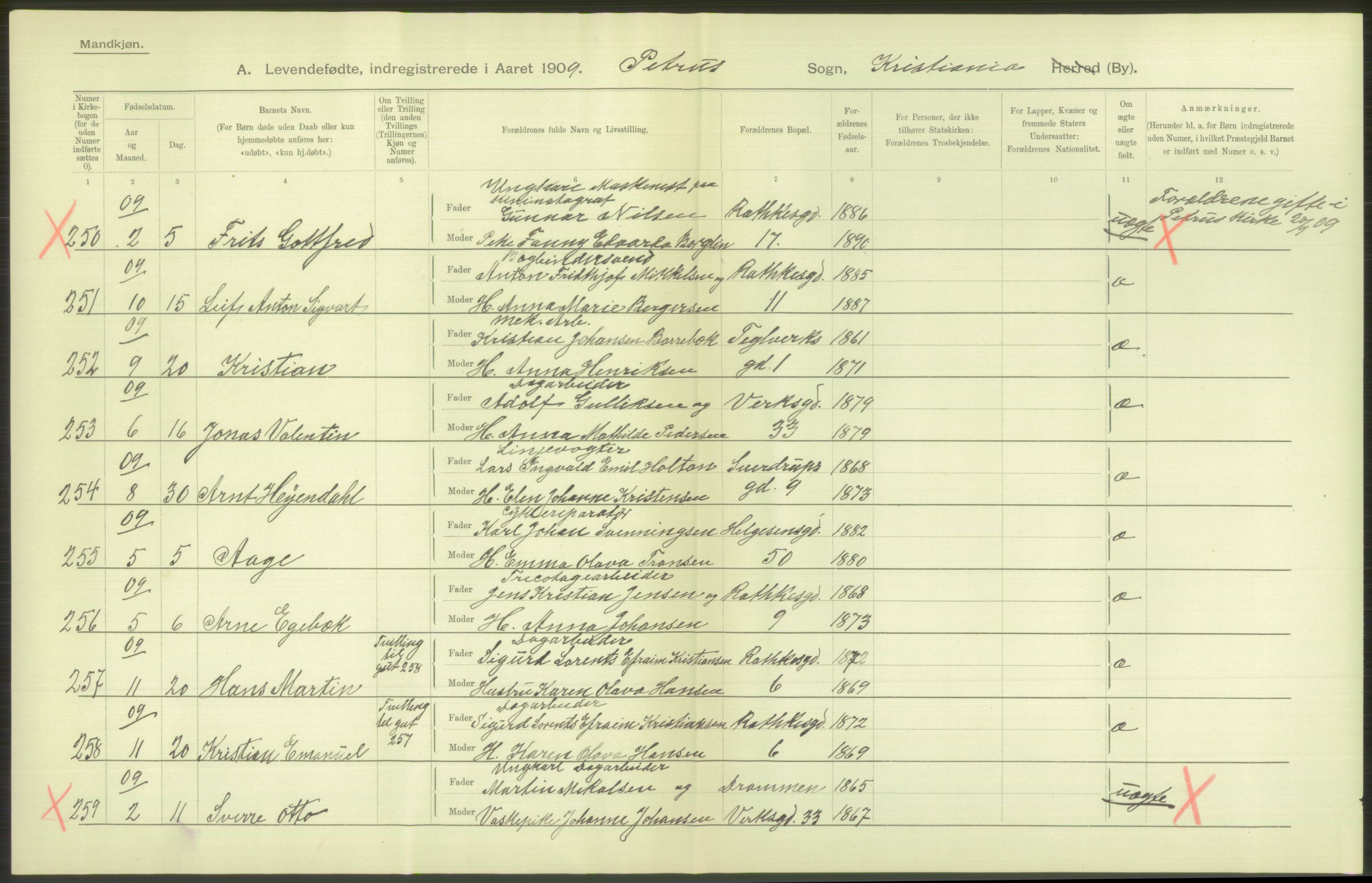 Statistisk sentralbyrå, Sosiodemografiske emner, Befolkning, RA/S-2228/D/Df/Dfa/Dfag/L0007: Kristiania: Levendefødte menn og kvinner., 1909, p. 162