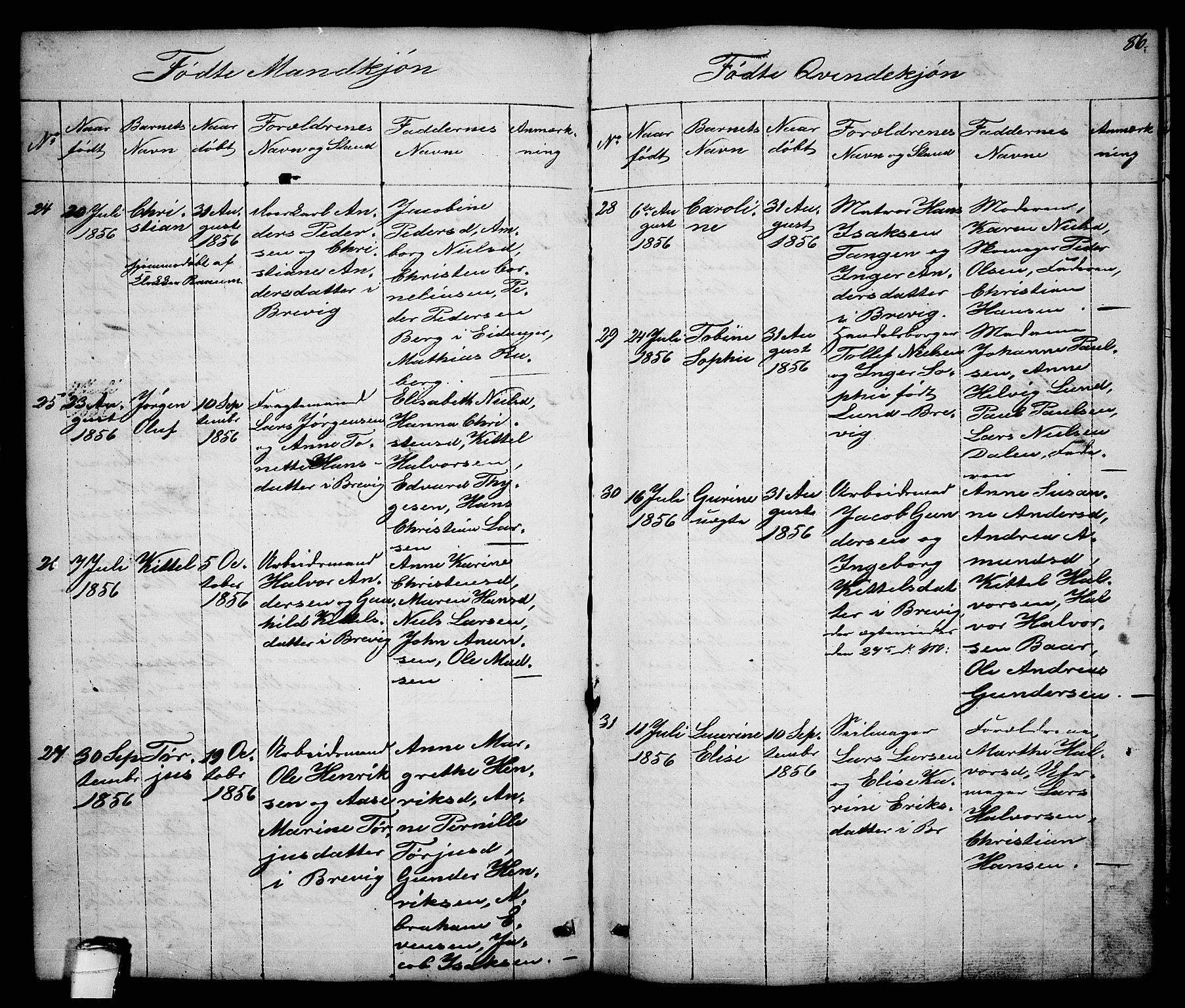 Brevik kirkebøker, AV/SAKO-A-255/G/Ga/L0002: Parish register (copy) no. 2, 1846-1865, p. 86
