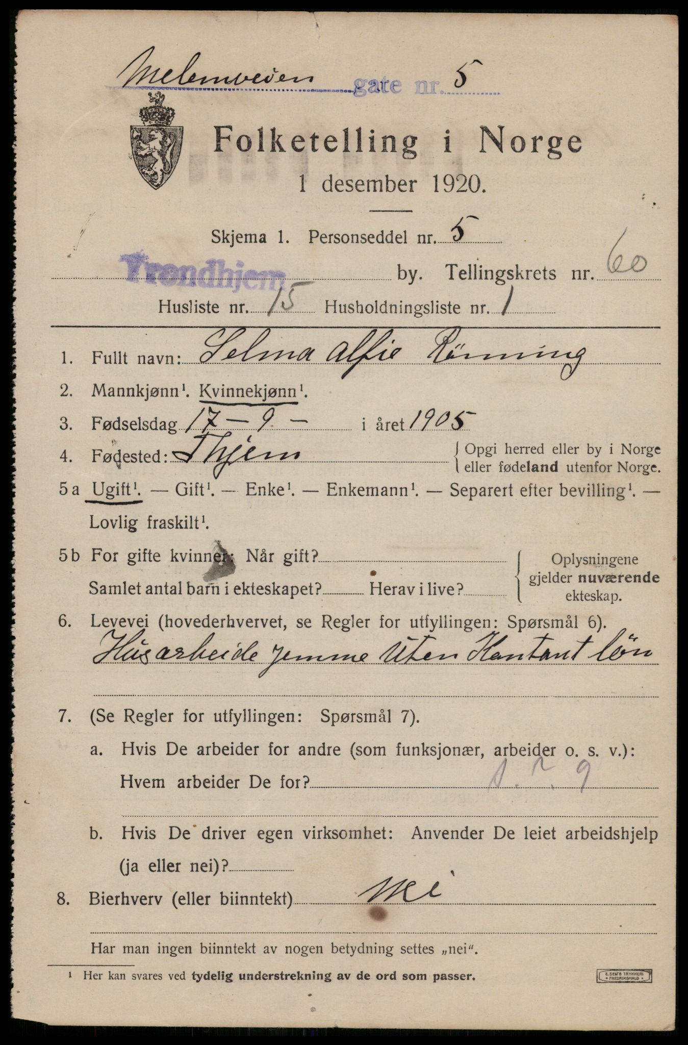 SAT, 1920 census for Trondheim, 1920, p. 122242