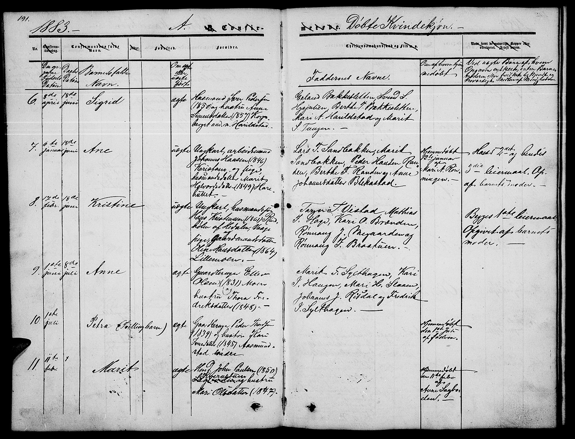 Nord-Fron prestekontor, AV/SAH-PREST-080/H/Ha/Hab/L0002: Parish register (copy) no. 2, 1851-1883, p. 191