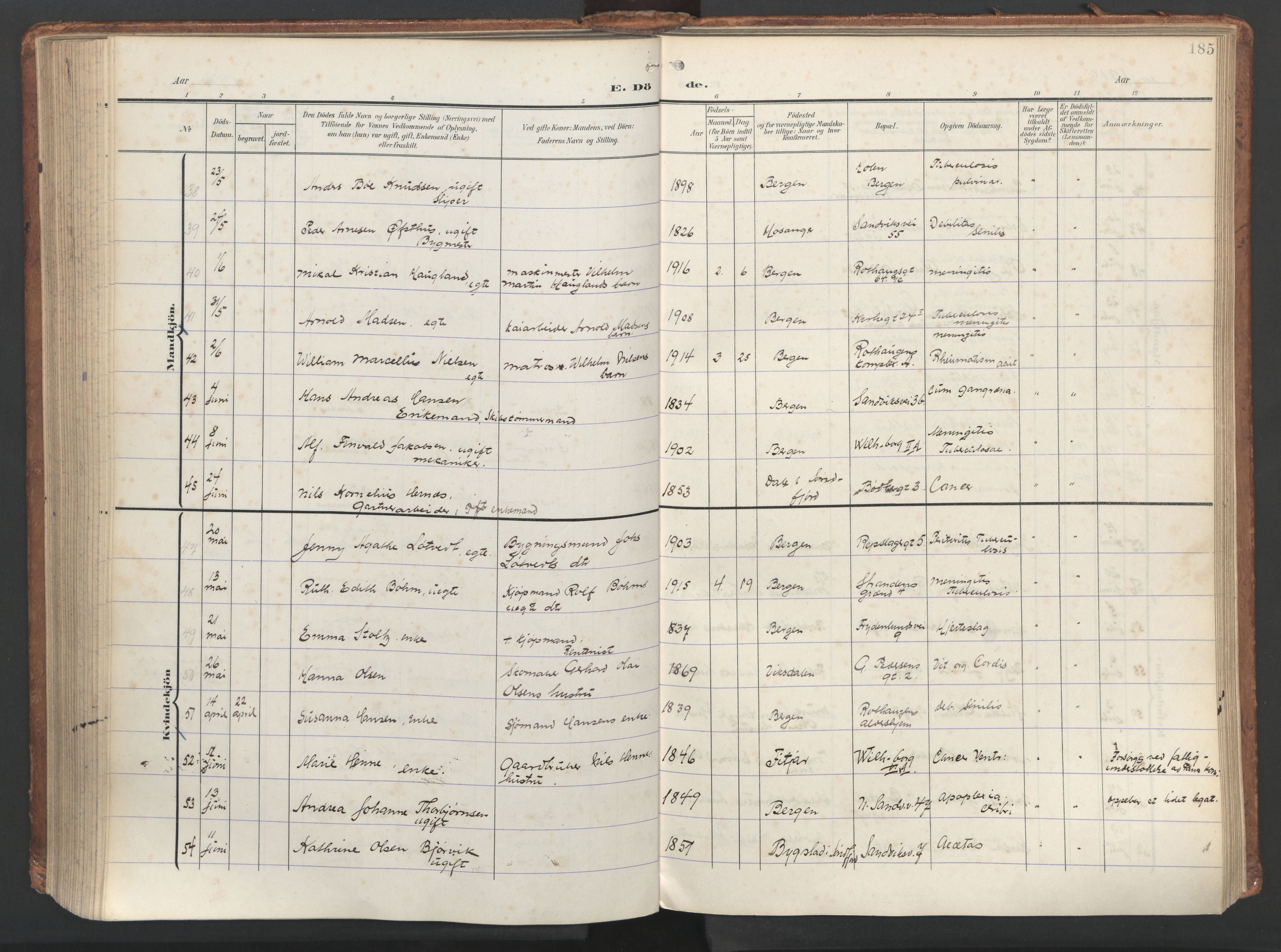 Sandviken Sokneprestembete, SAB/A-77601/H/Ha/L0019: Parish register (official) no. E 2, 1905-1933, p. 185