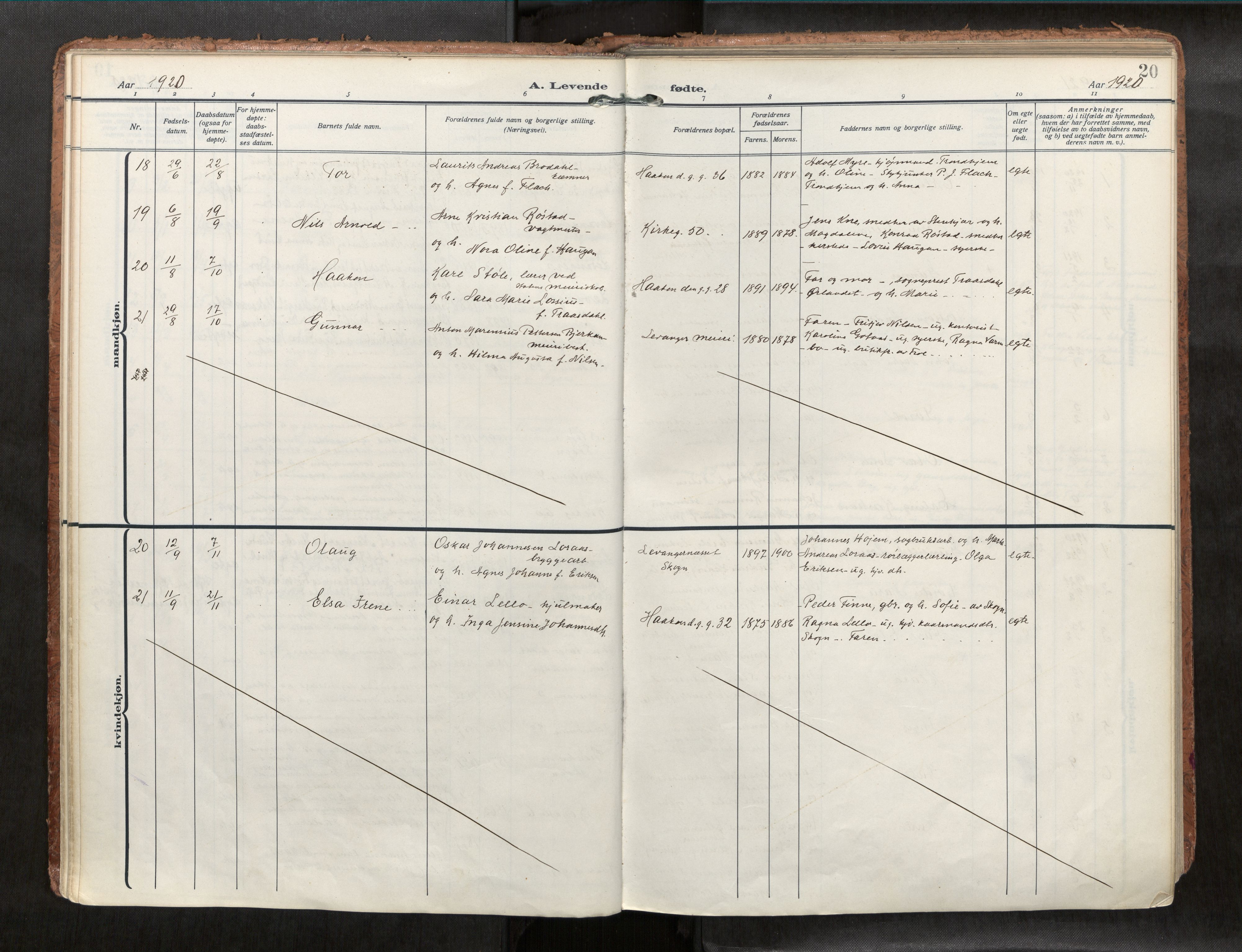 Levanger sokneprestkontor, SAT/A-1301/2/H/Haa/L0001: Parish register (official) no. 1, 1912-1932, p. 20