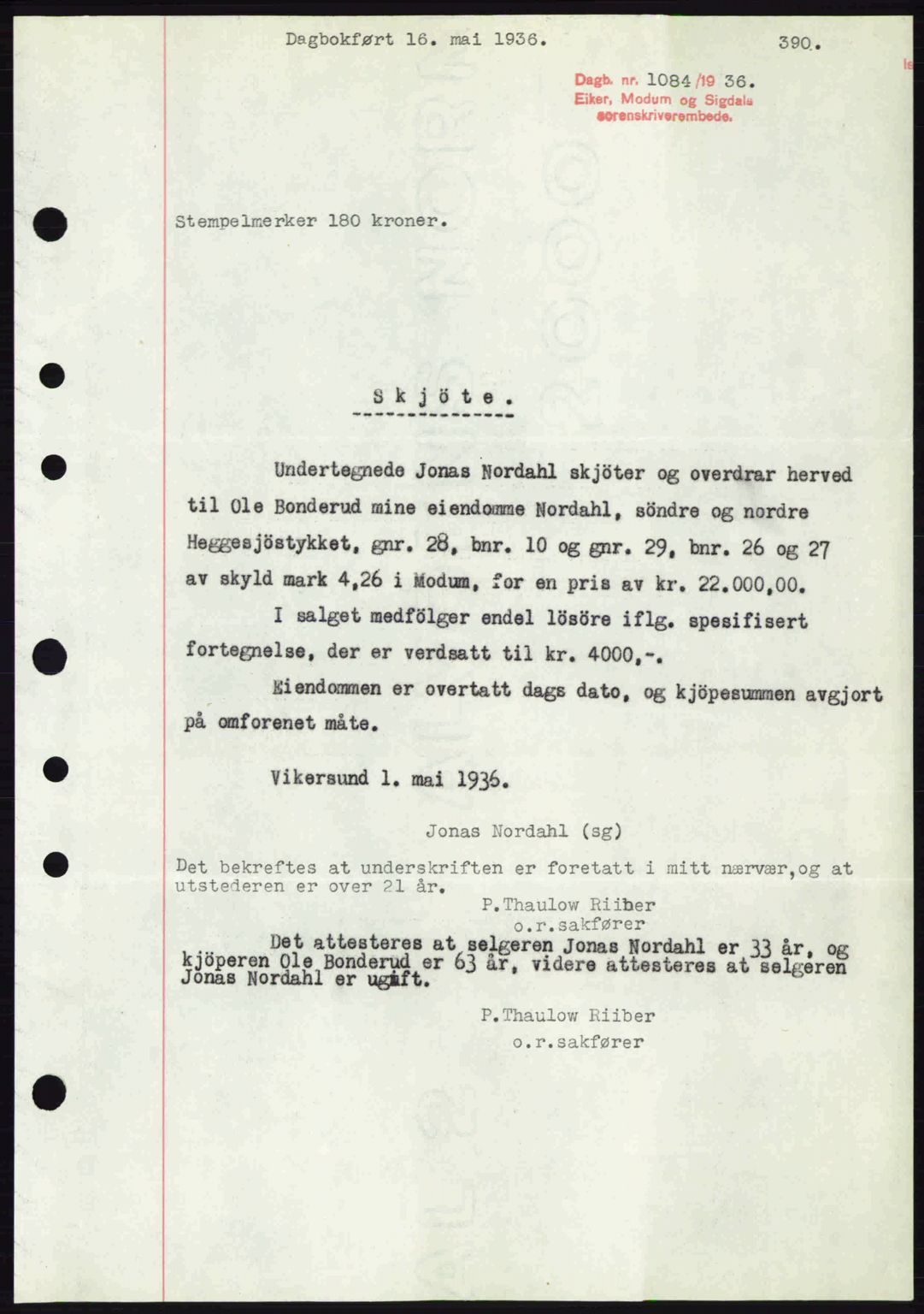Eiker, Modum og Sigdal sorenskriveri, SAKO/A-123/G/Ga/Gab/L0032: Mortgage book no. A2, 1936-1936, Diary no: : 1084/1936