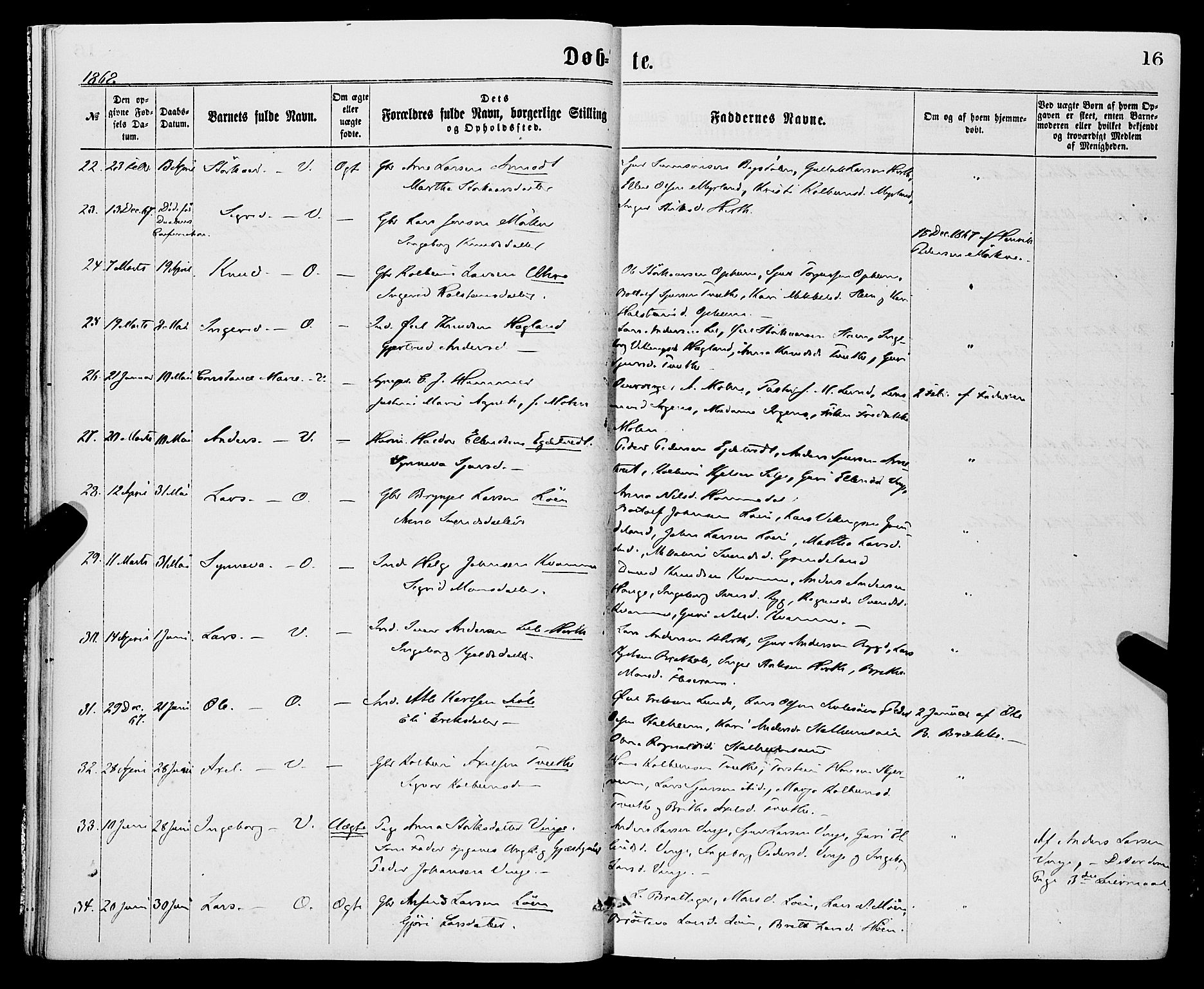 Vossestrand Sokneprestembete, AV/SAB-A-79101/H/Haa: Parish register (official) no. A 1, 1866-1877, p. 16